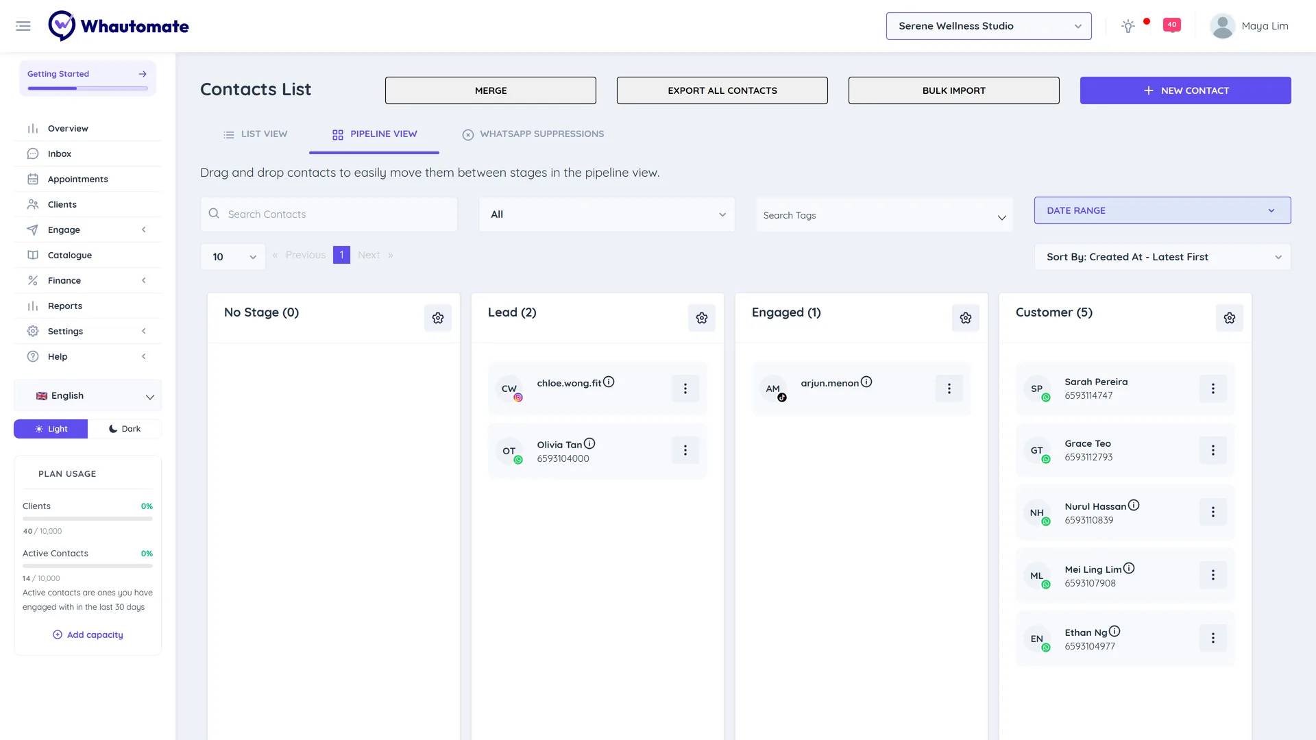The Pipeline View with contact cards arranged in stage columns such as Lead, Engaged and Customer