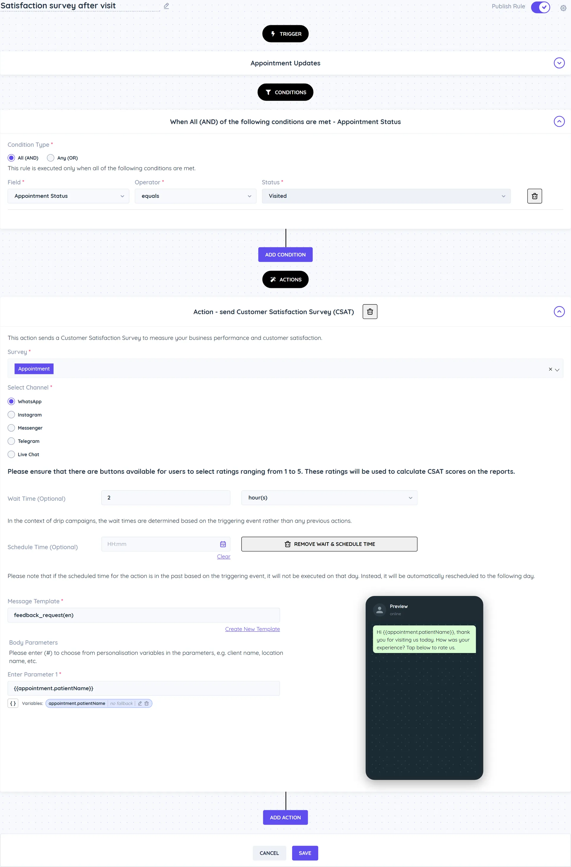 An automation rule with the Appointment Updates trigger, the condition Appointment Status equals Visited and the send Customer Satisfaction Survey (CSAT) action set to the Appointment survey on WhatsApp