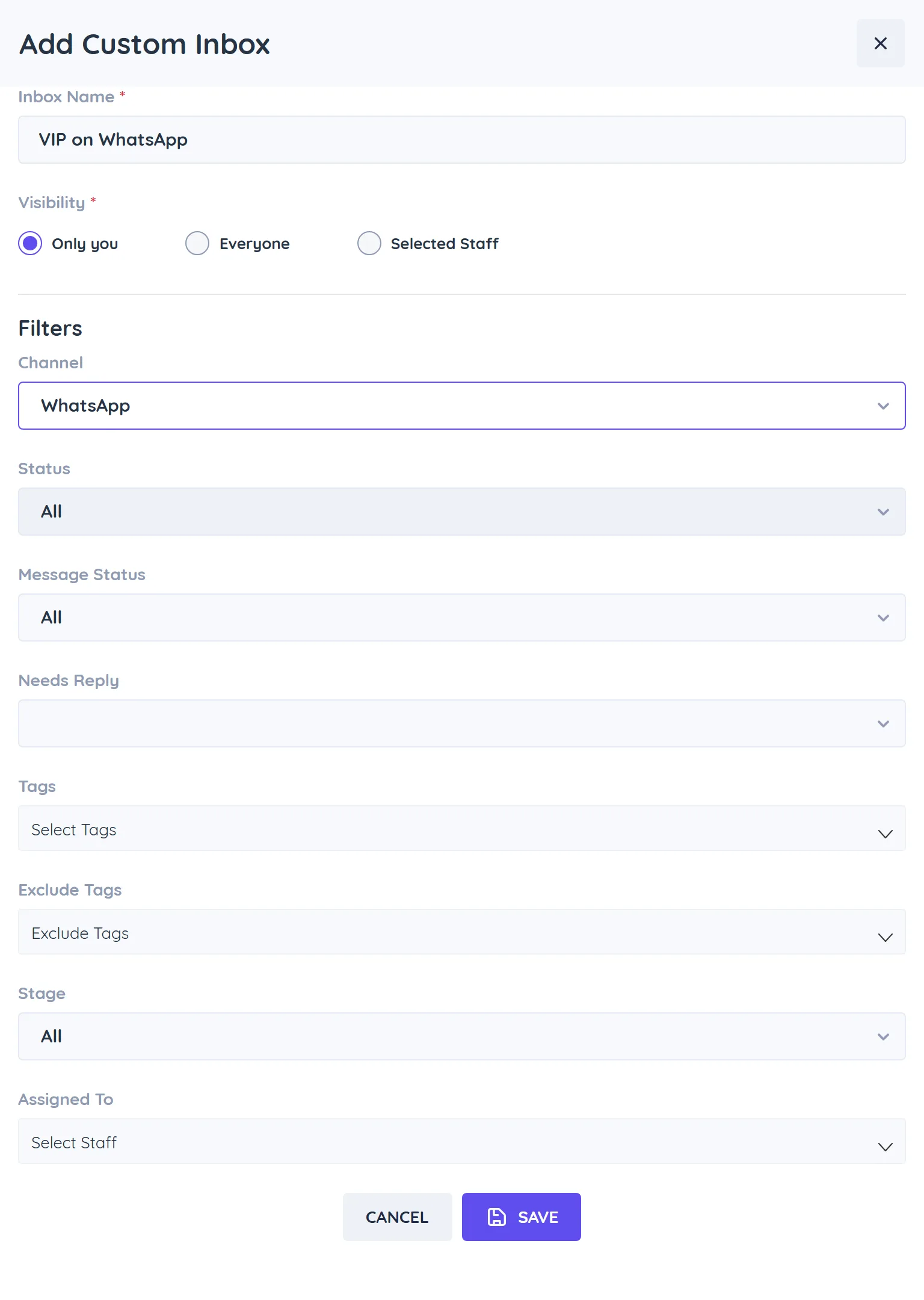 The Add Custom Inbox window with Inbox Name, Visibility options and the channel, status, tag and stage filters