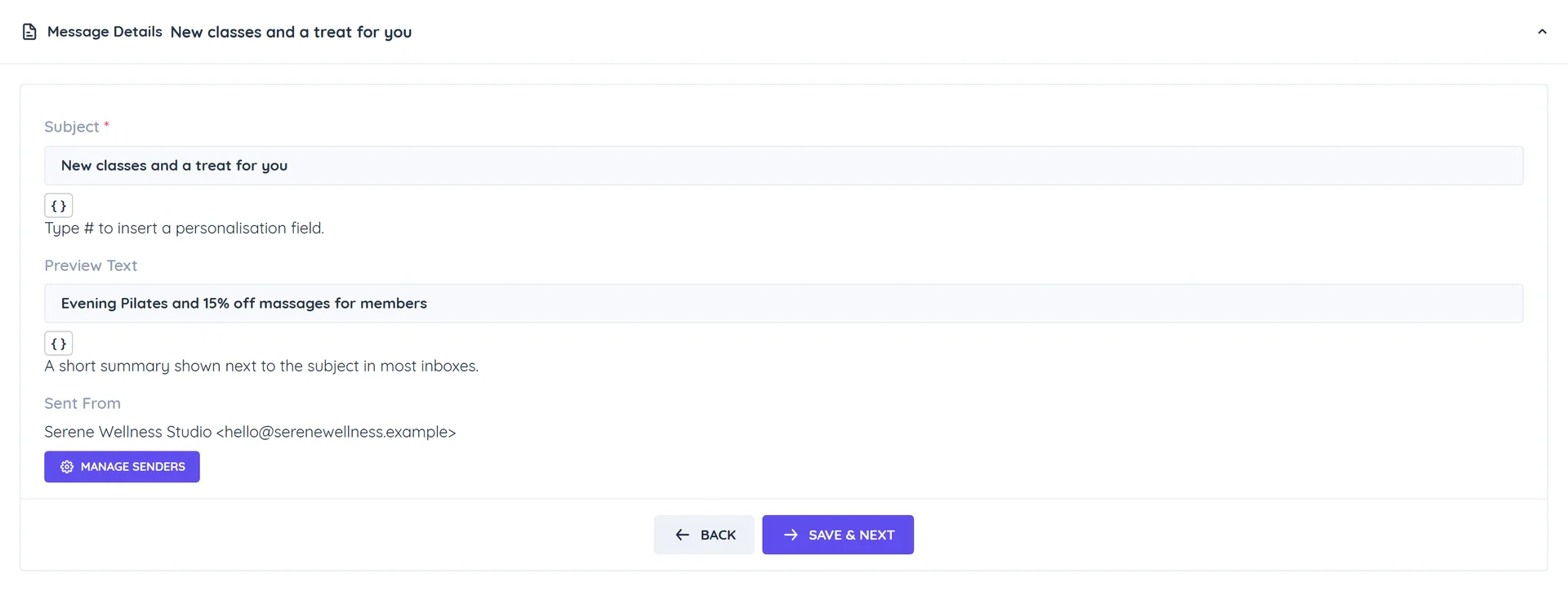 The broadcast form for an email campaign on the Message Details step with the Subject, Preview Text and Sent From fields