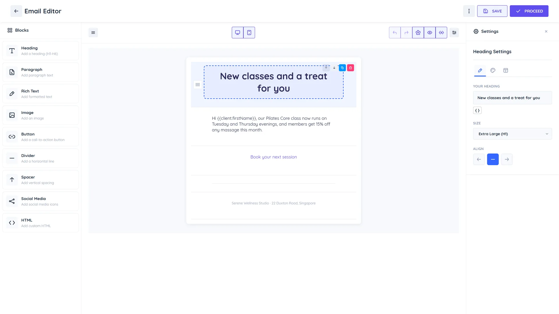 The drag and drop email editor with the Blocks panel on the left, the newsletter being designed in the centre and the selected heading block's settings on the right