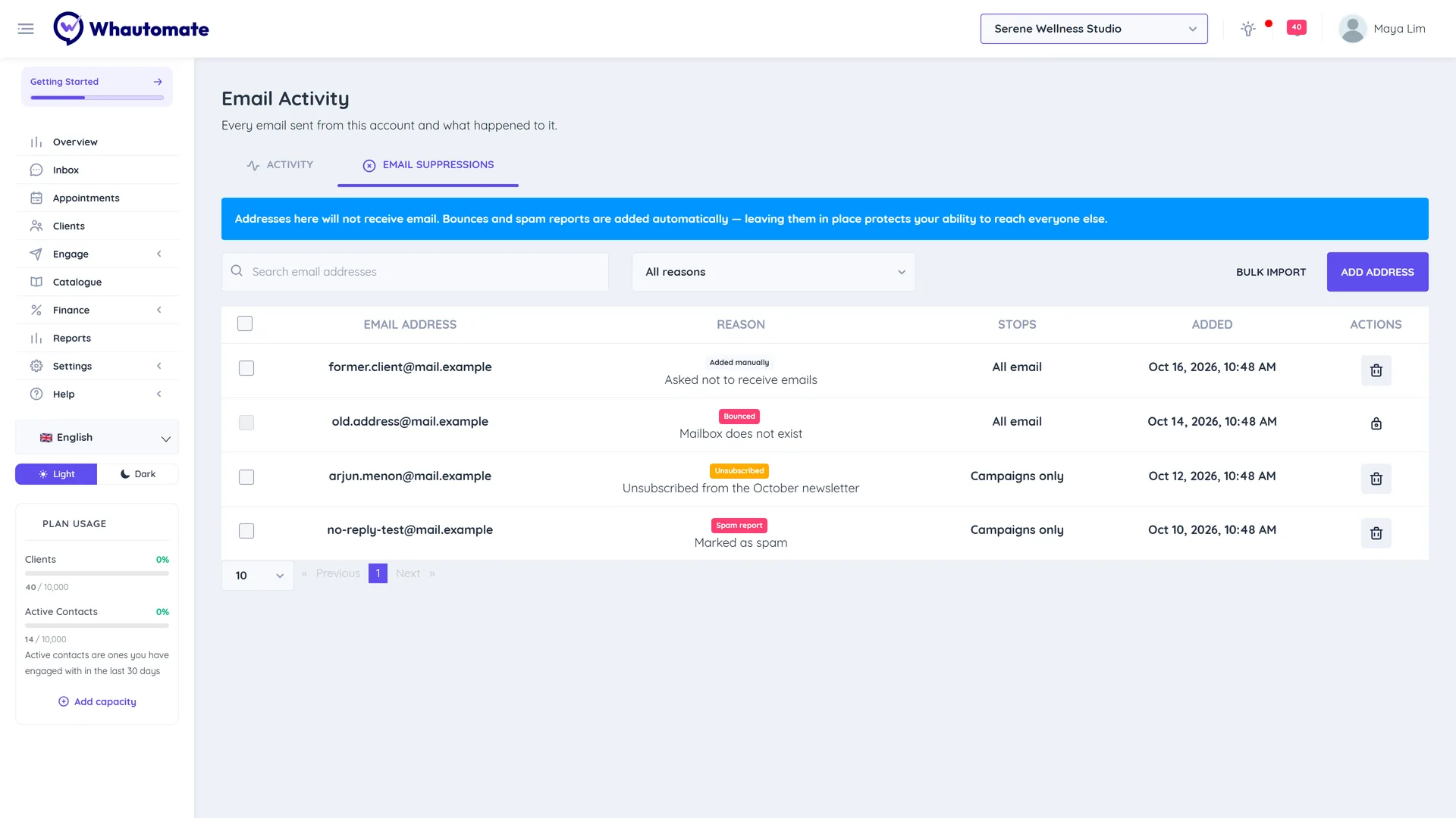 The Email Suppressions tab with the reason filter, Add Address and Bulk Import buttons and a list of suppressed addresses with their reason and what they stop