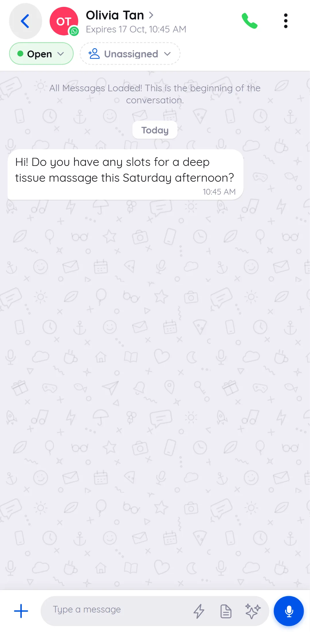 A WhatsApp conversation in the mobile app with the Open status and assignee pills, the message thread and the message box with canned response, template and AI icons