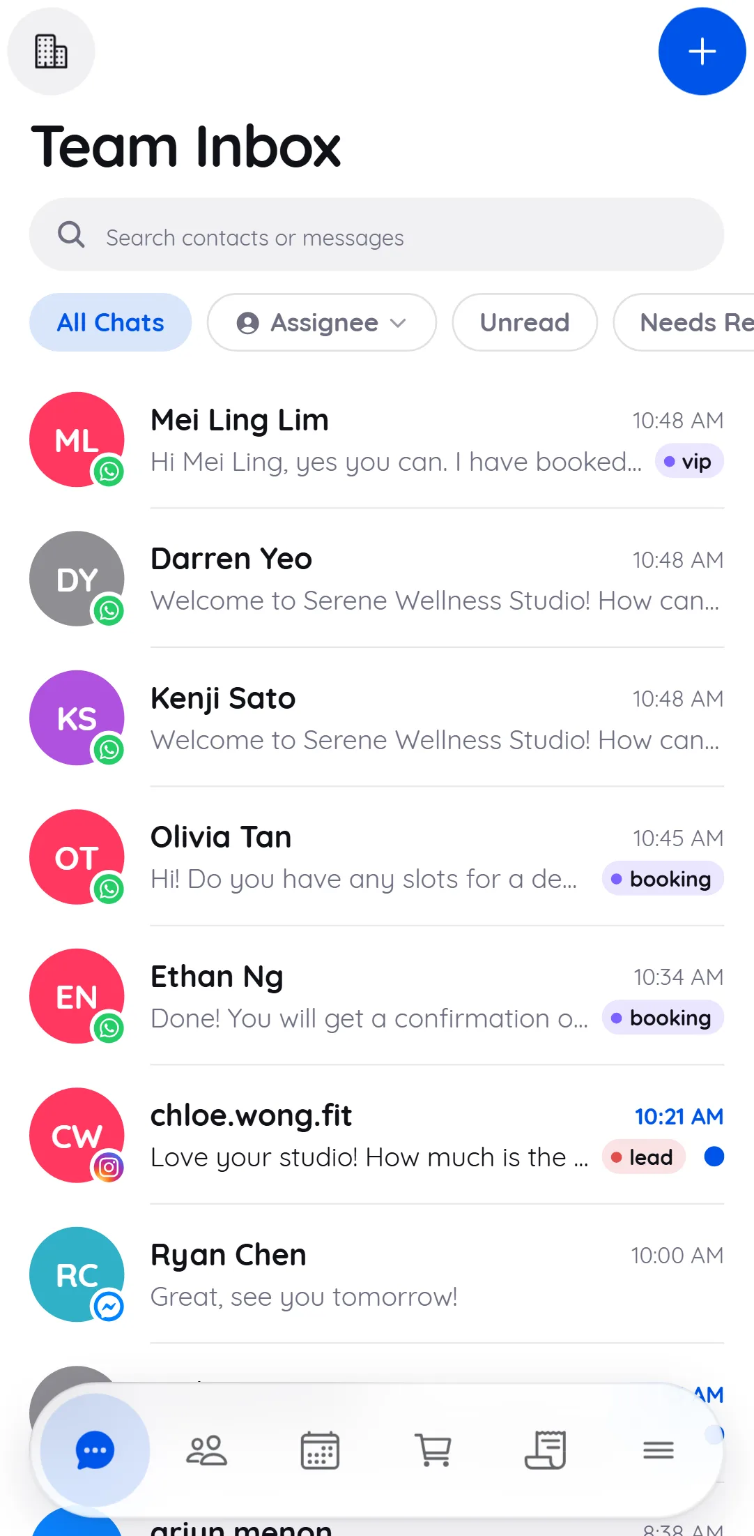 The mobile Team Inbox list with filter chips, search and conversations from WhatsApp, Instagram, Messenger, live chat and TikTok, including unread messages from chloe.wong.fit and a website visitor