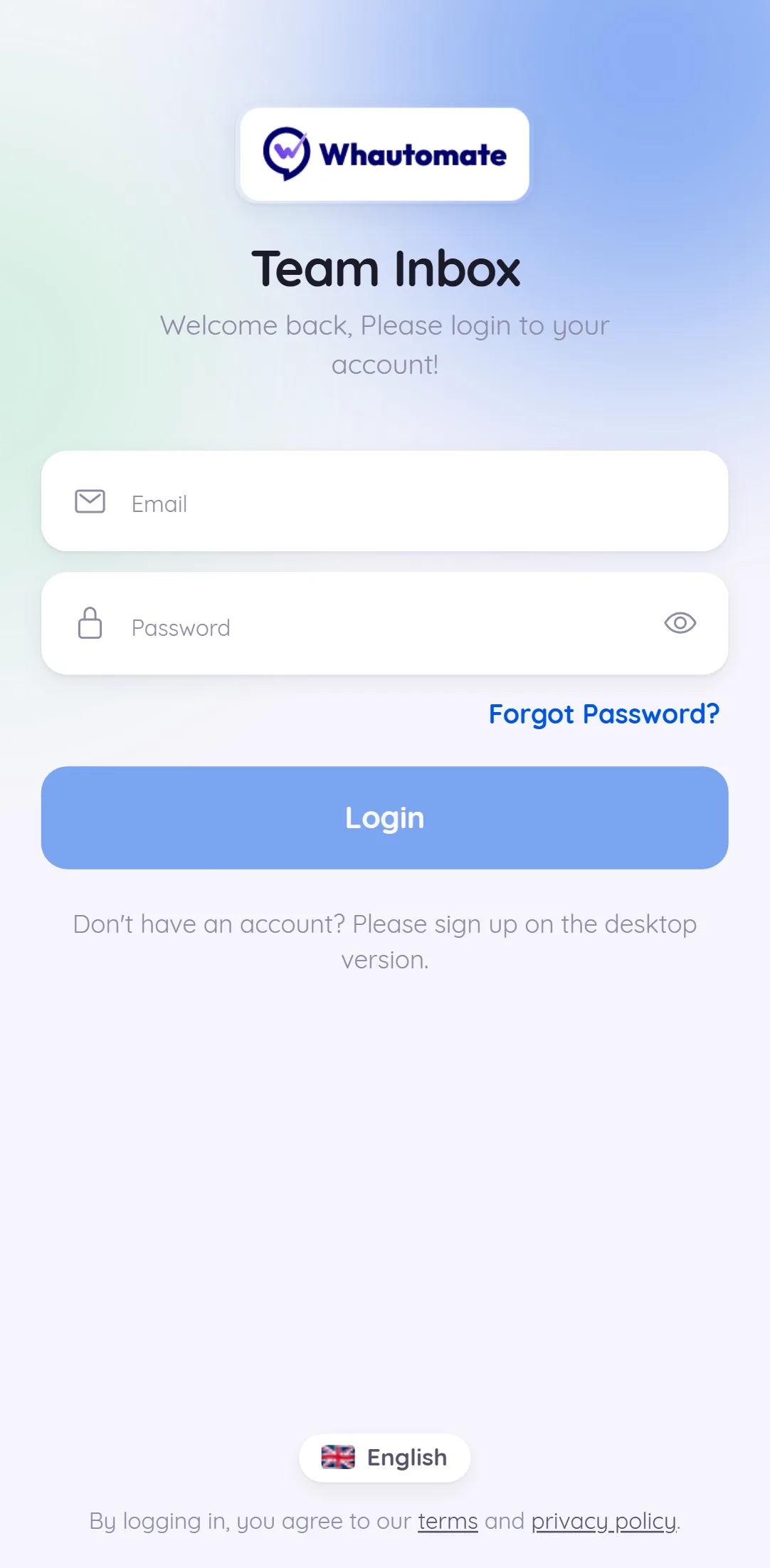 The mobile app login screen with Email and Password fields and the Login button