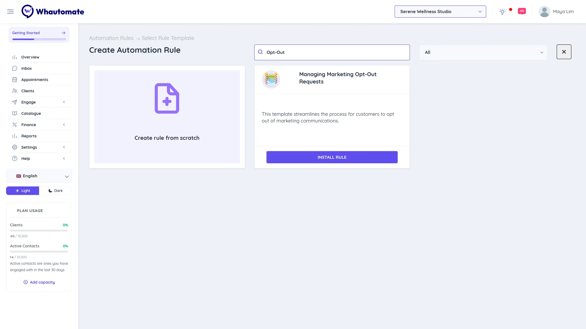 The Select Rule Template page with the Managing Marketing Opt-Out Requests template and its Install Rule button