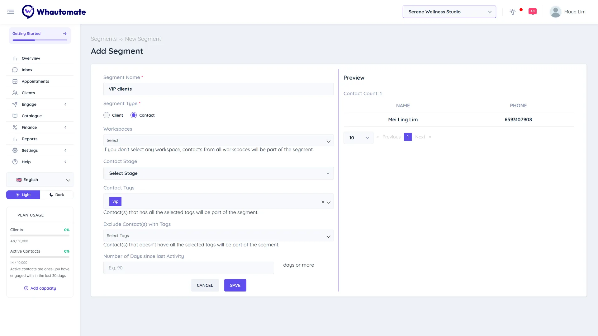 The Add Segment form for a Contact segment named VIP clients with the Contact Tags filter set and the live Preview showing the matching contacts and count