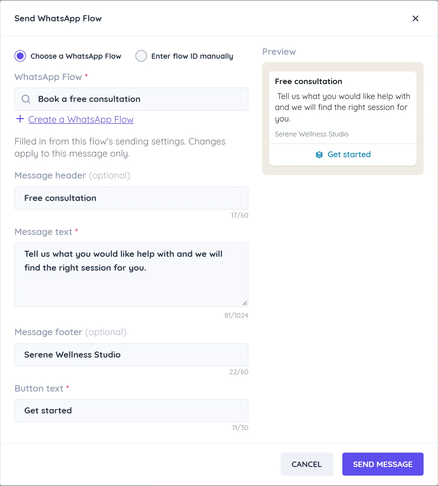 The Send WhatsApp Flow window in the Team Inbox with a published flow selected, the message text and button text filled in and the WhatsApp preview