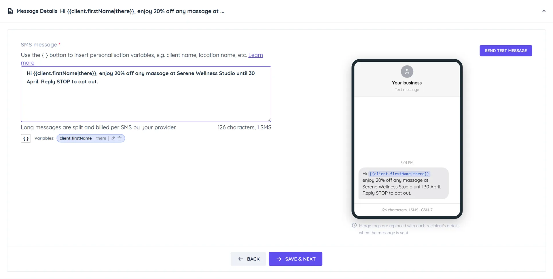 The New Broadcast form with SMS chosen as the channel, an SMS message with a first name variable, the character and SMS counter, and the SMS preview