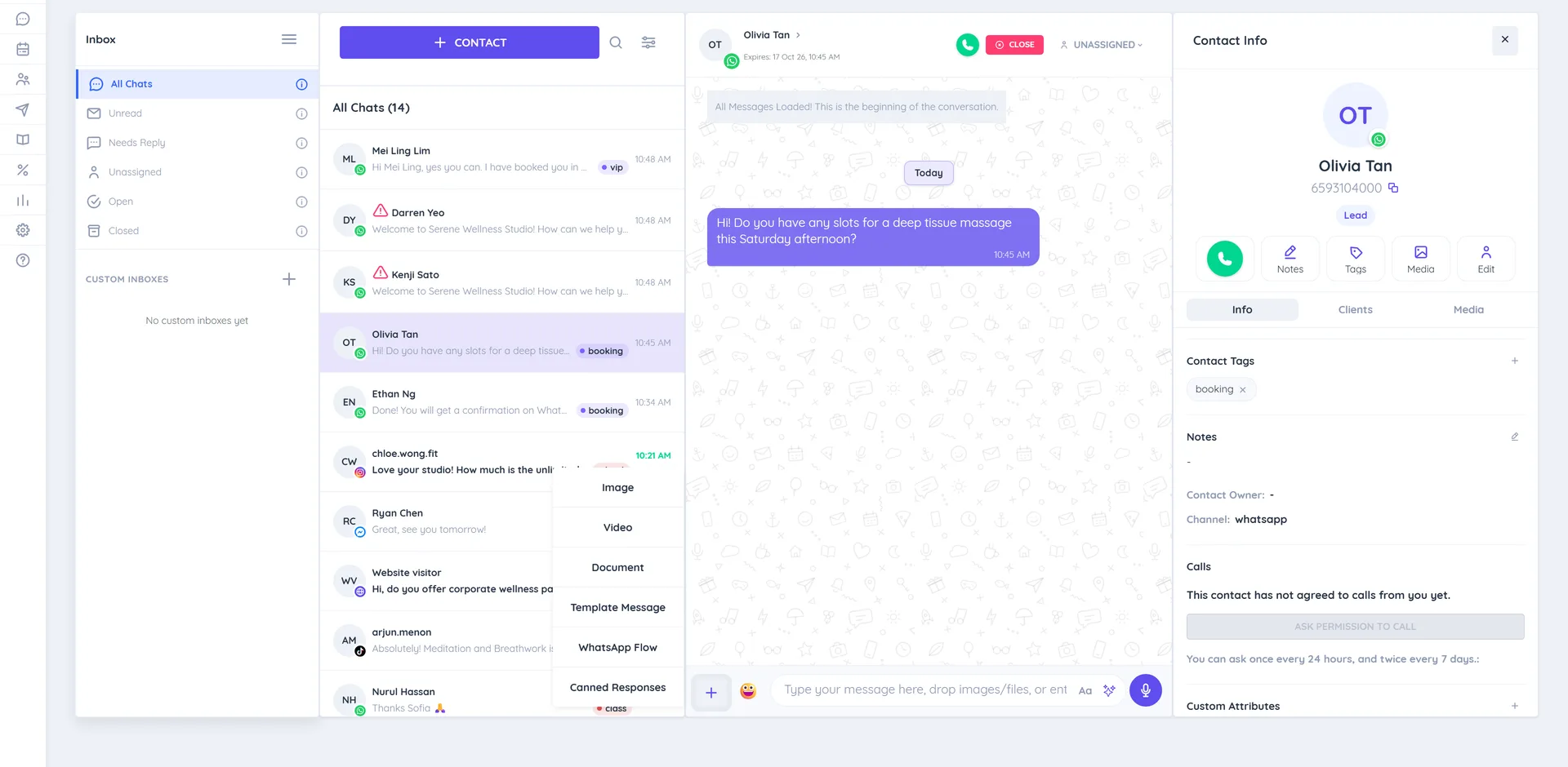 The plus menu above the message box with Image, Video, Document, Template Message, WhatsApp Flow and Canned Responses