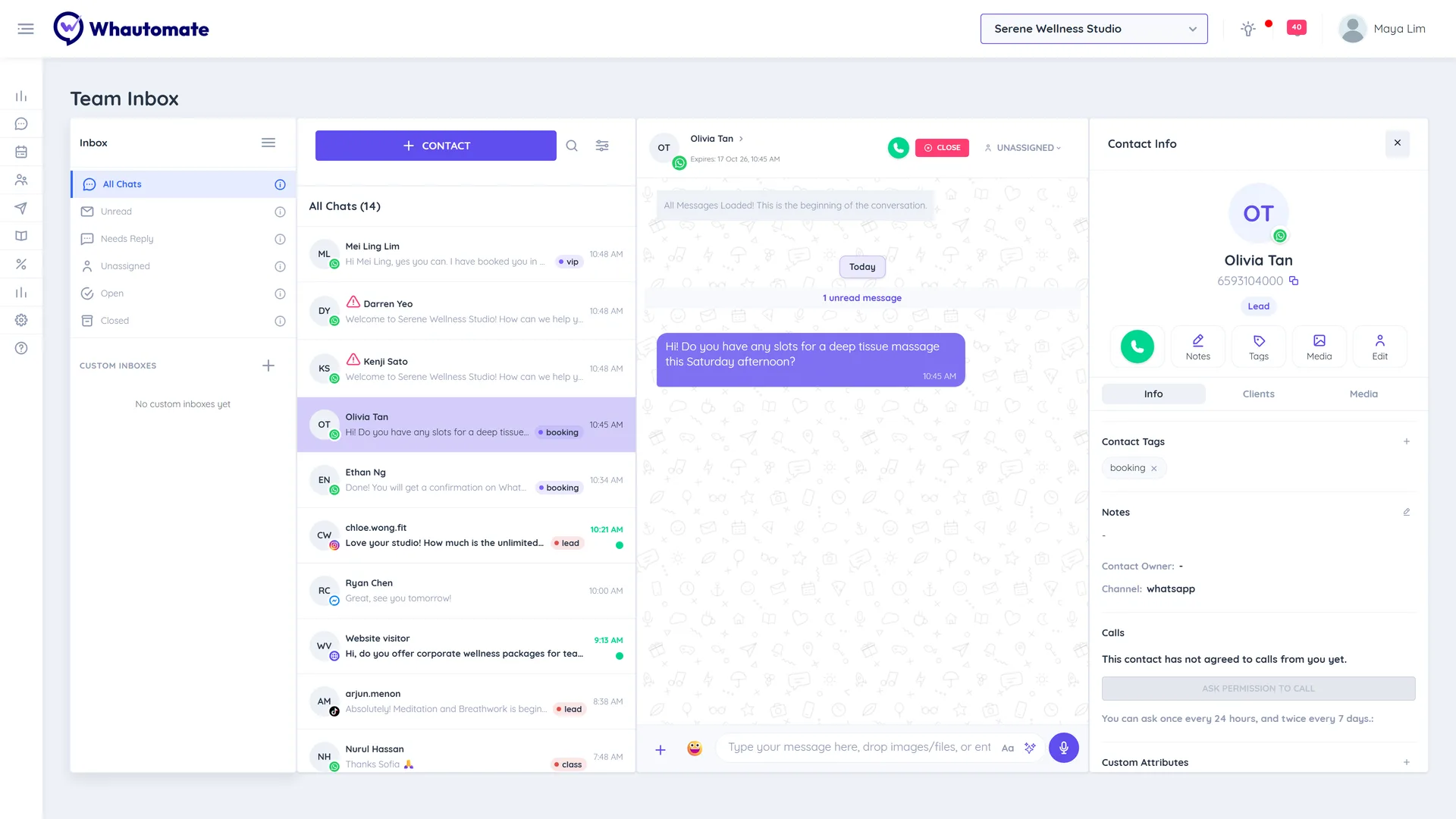 The Team Inbox with the Inbox filters on the left, the conversation list, an open WhatsApp conversation with Olivia Tan and the Contact Info panel on the right