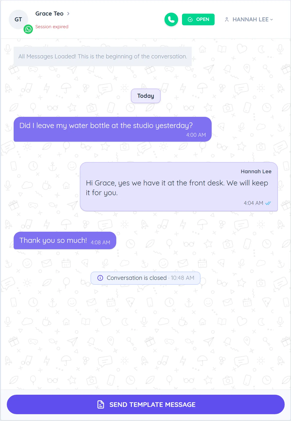 A WhatsApp conversation whose 24 hour window has closed, showing Session expired in the header and the Send Template Message button instead of the message box