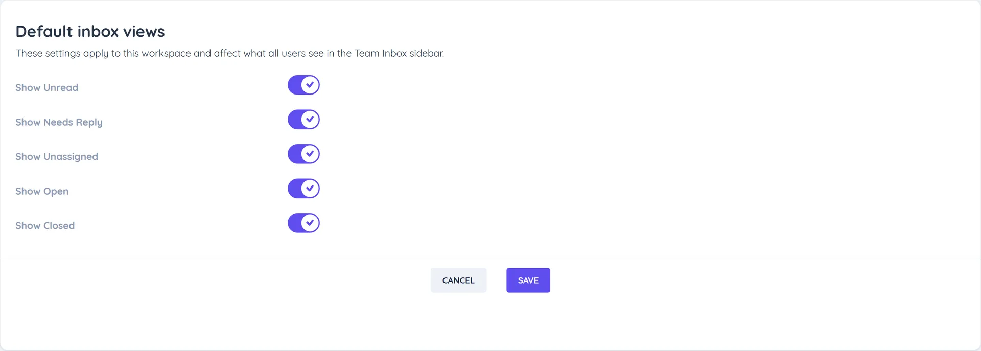 The Team Inbox Settings page with the Default inbox views toggles for Unread, Needs Reply, Unassigned, Open and Closed