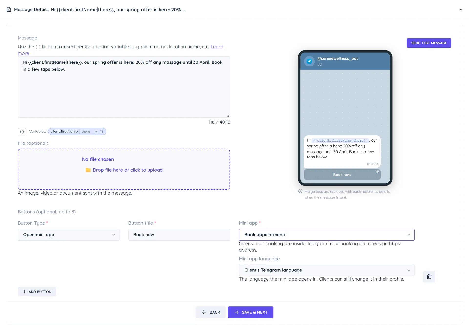 The New Broadcast form with Telegram chosen as the channel, a message with a first name variable, an Open mini app button and the Telegram preview