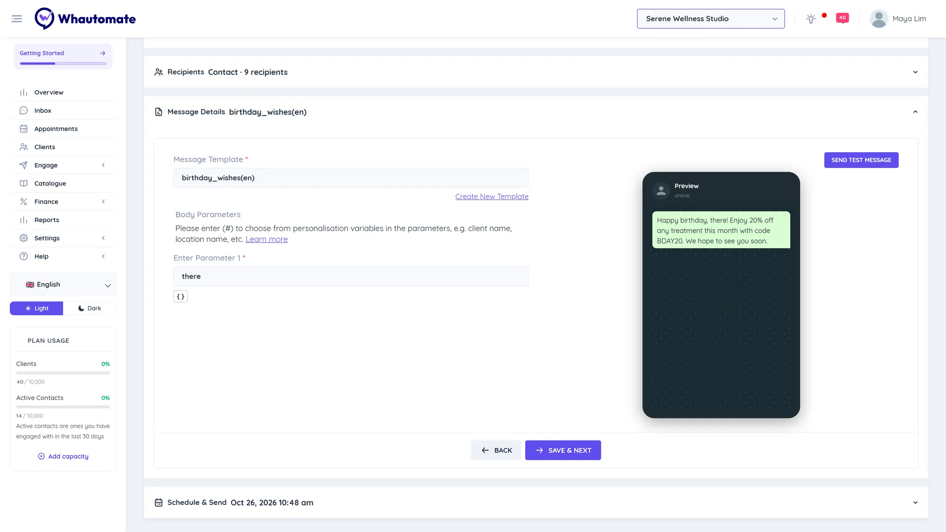 The New Broadcast form on the Message Details step with an approved template selected, body parameters filled in and the WhatsApp phone preview