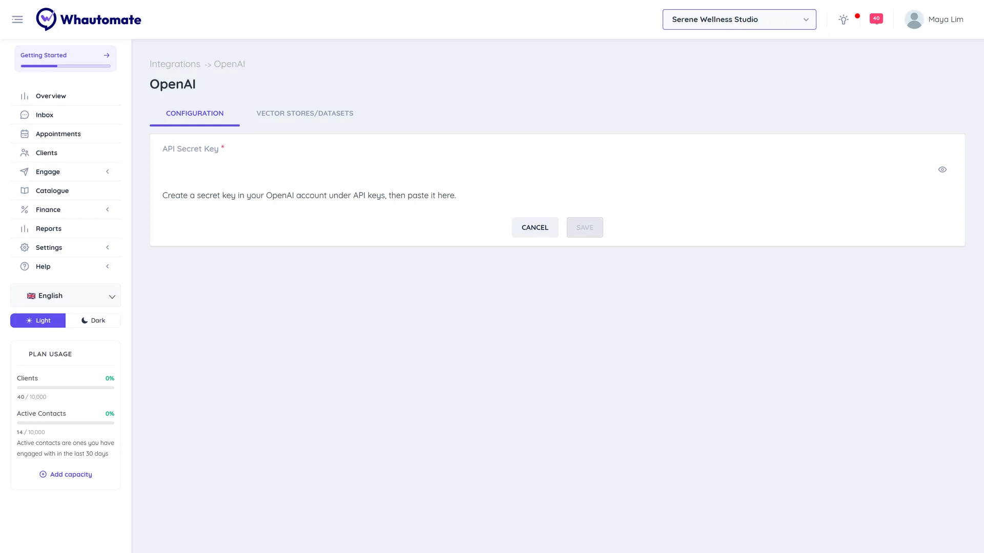 The OpenAI Configuration tab with the API Secret Key field and Save button