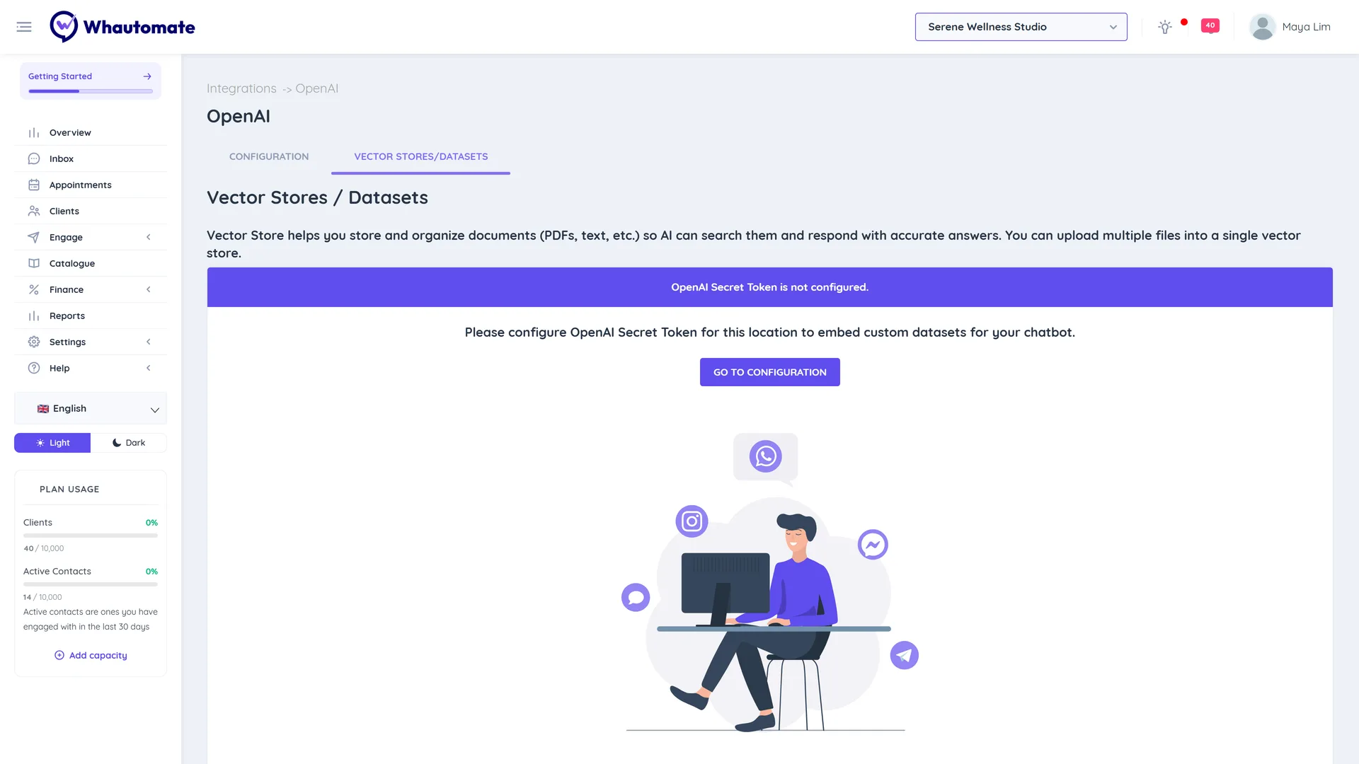 The Vector Stores/Datasets tab of the OpenAI page with the Add Vector Store button and the list of vector stores