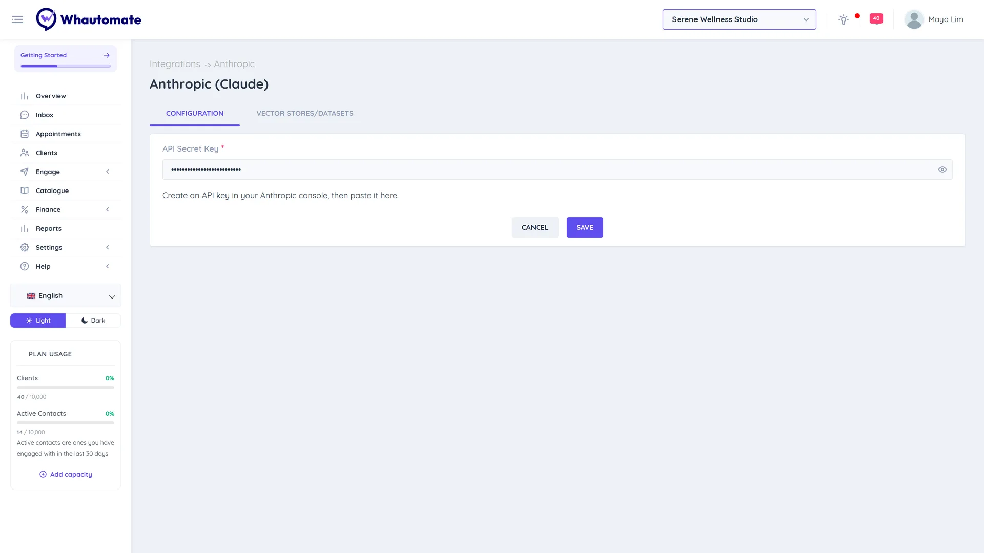 The Anthropic (Claude) Configuration tab with the API Secret Key field, the help text about the Anthropic console and the Save button