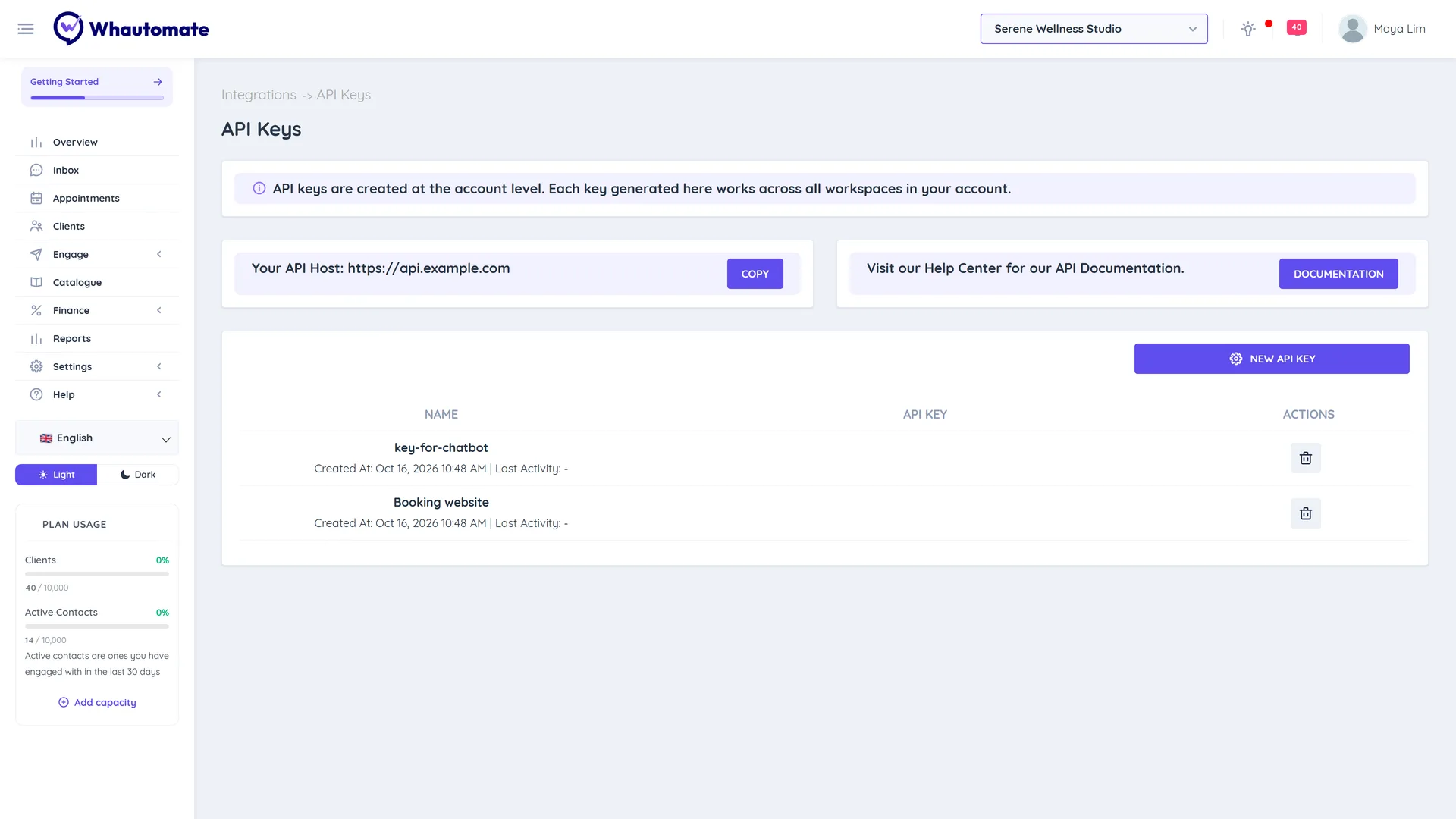 The API Keys page with the API host, the Copy button, the New API Key button and a list of keys with created and last activity dates