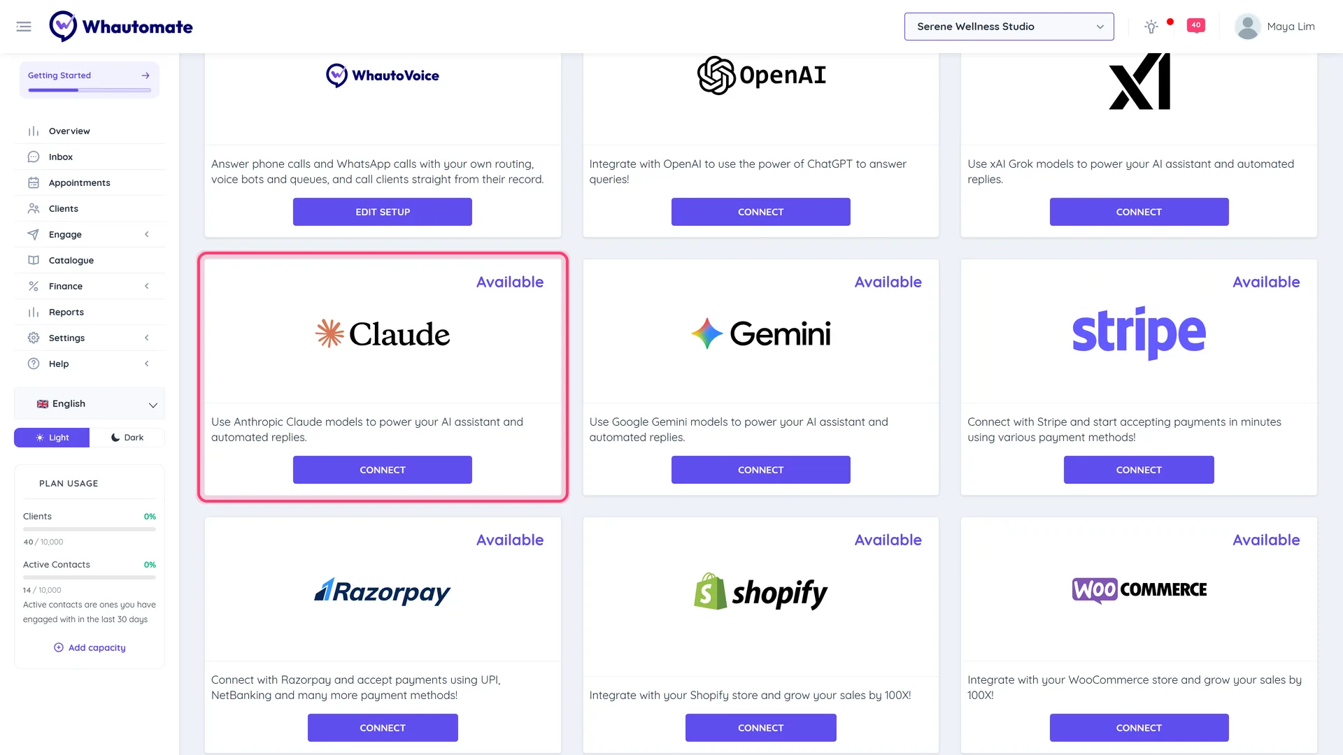 The Integrations page with the Anthropic (Claude) card highlighted