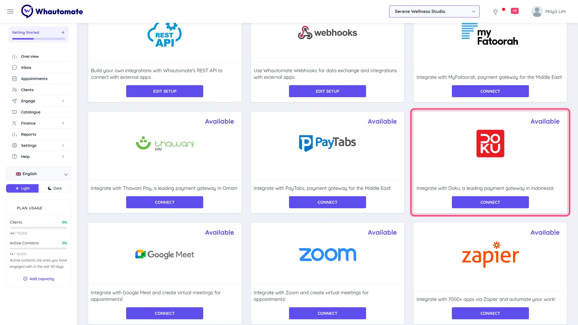 The Integrations page with the Doku card highlighted