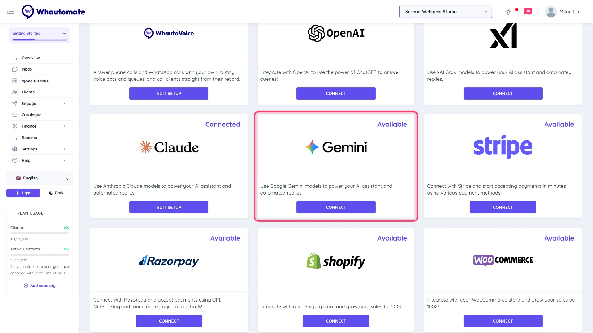 The Integrations page with the Google Gemini card highlighted