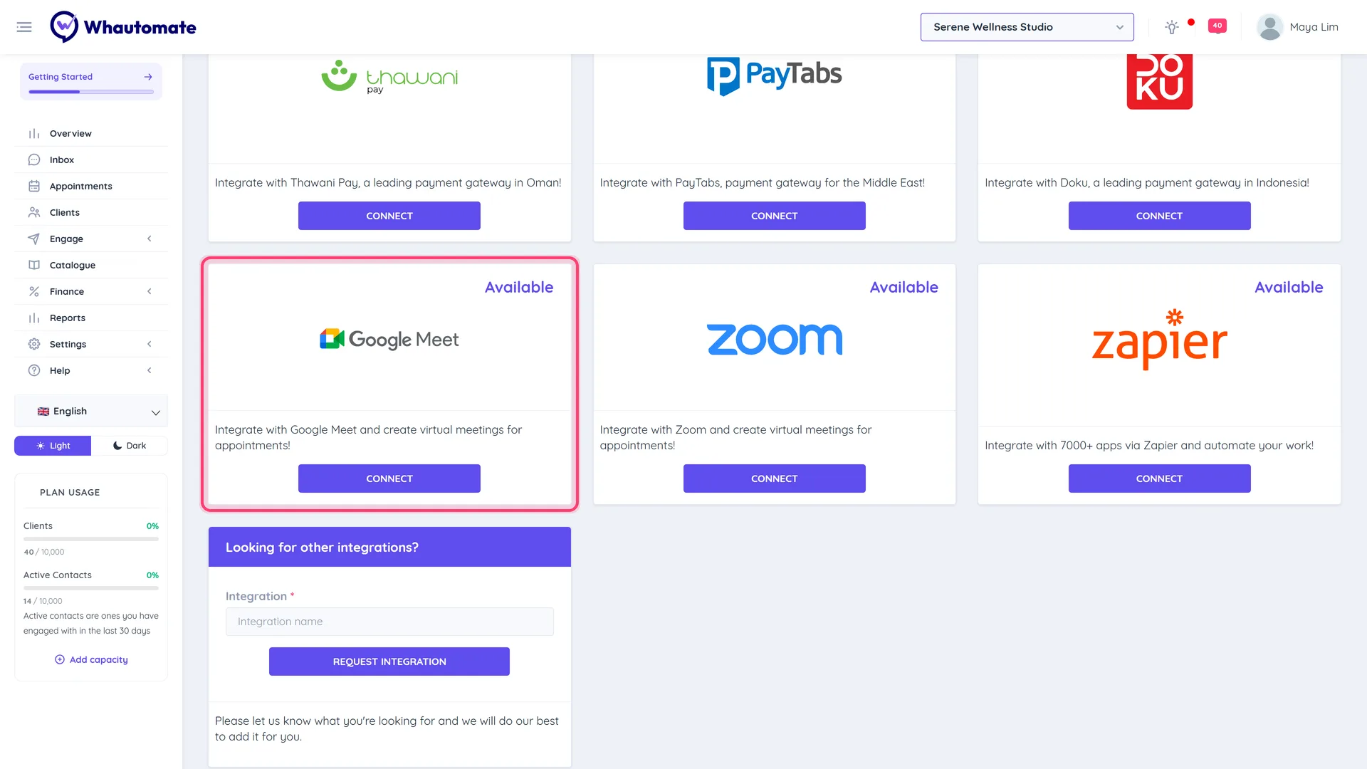 The Integrations page with the Google Meet card highlighted