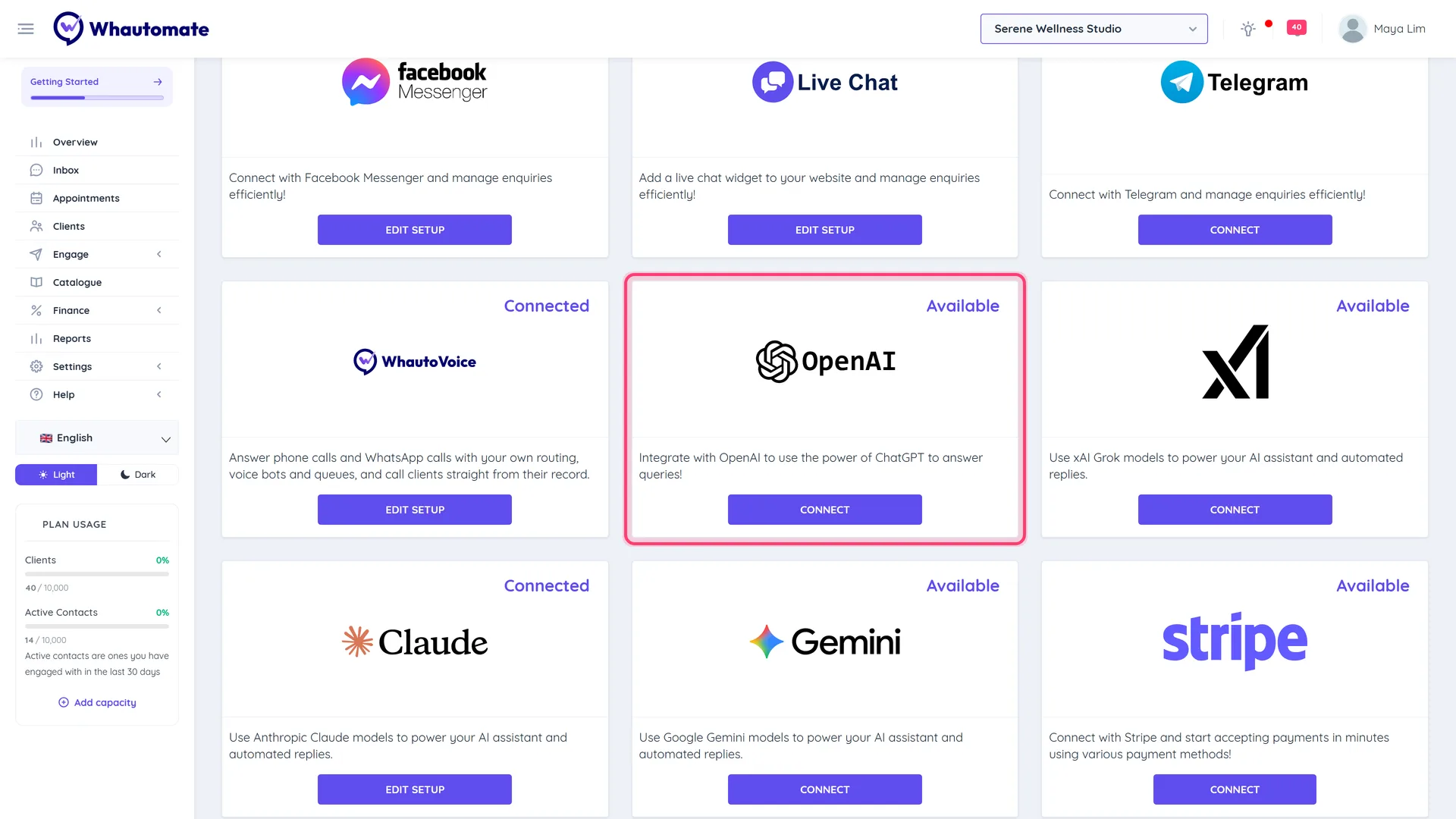 The Integrations page with the OpenAI card highlighted