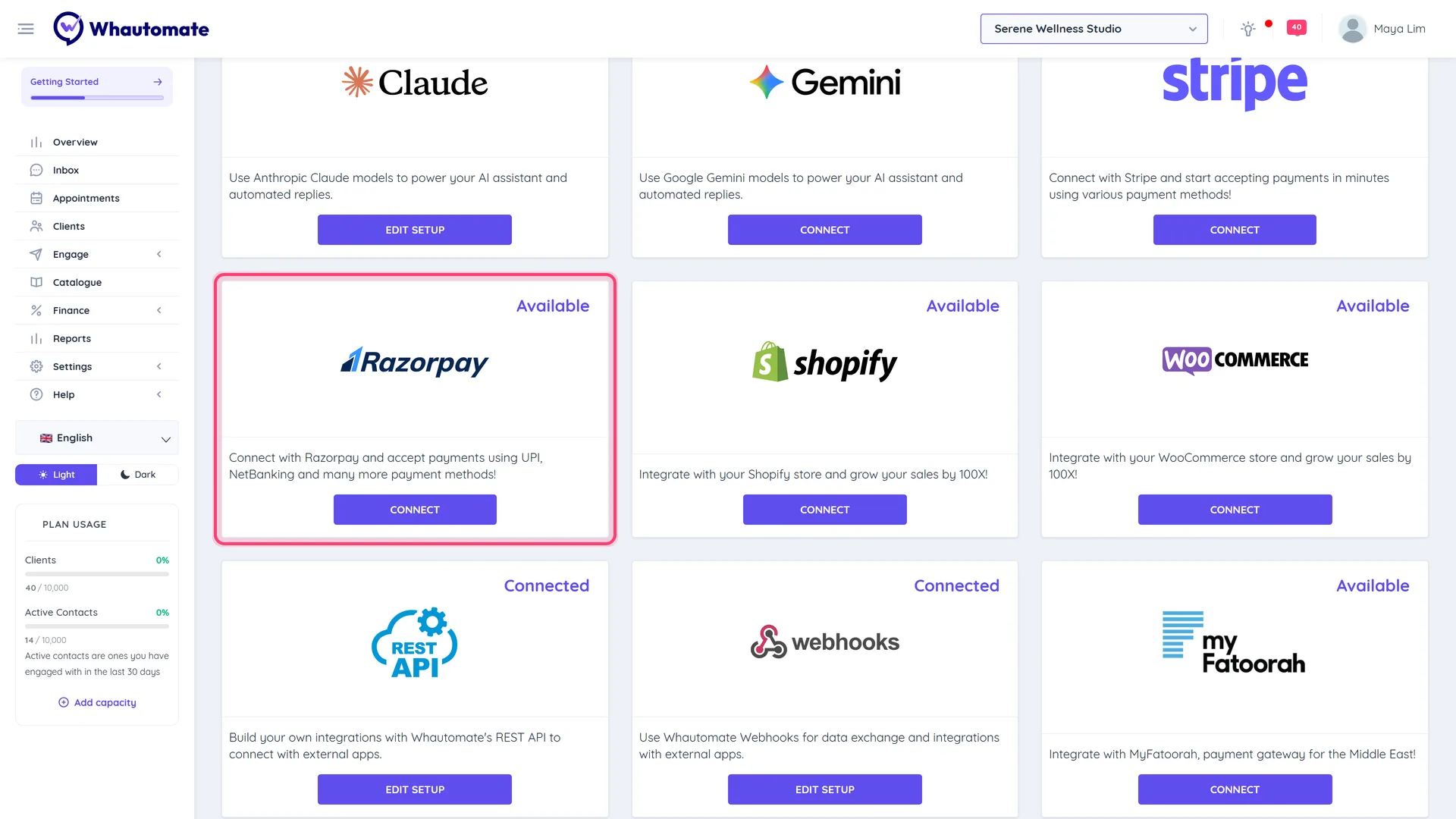 The Integrations page with the Razorpay card highlighted