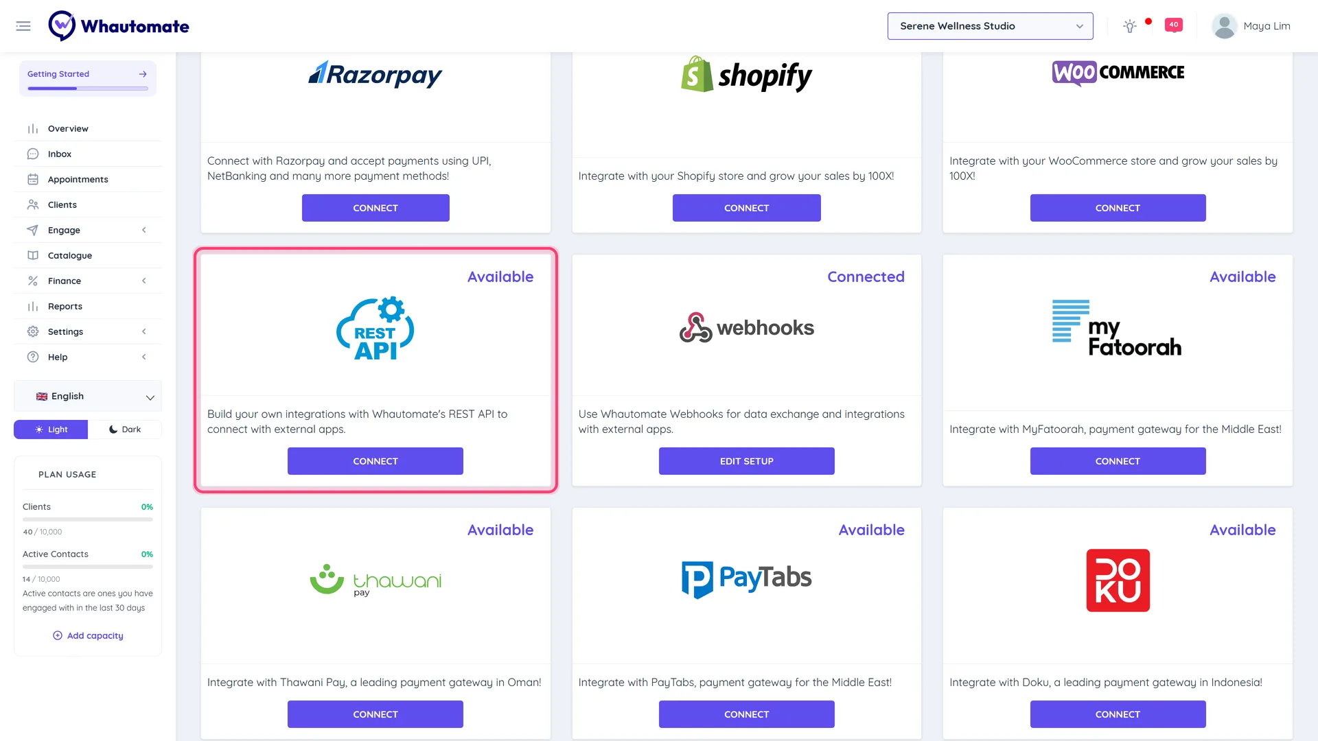 The Integrations page with the REST API card highlighted