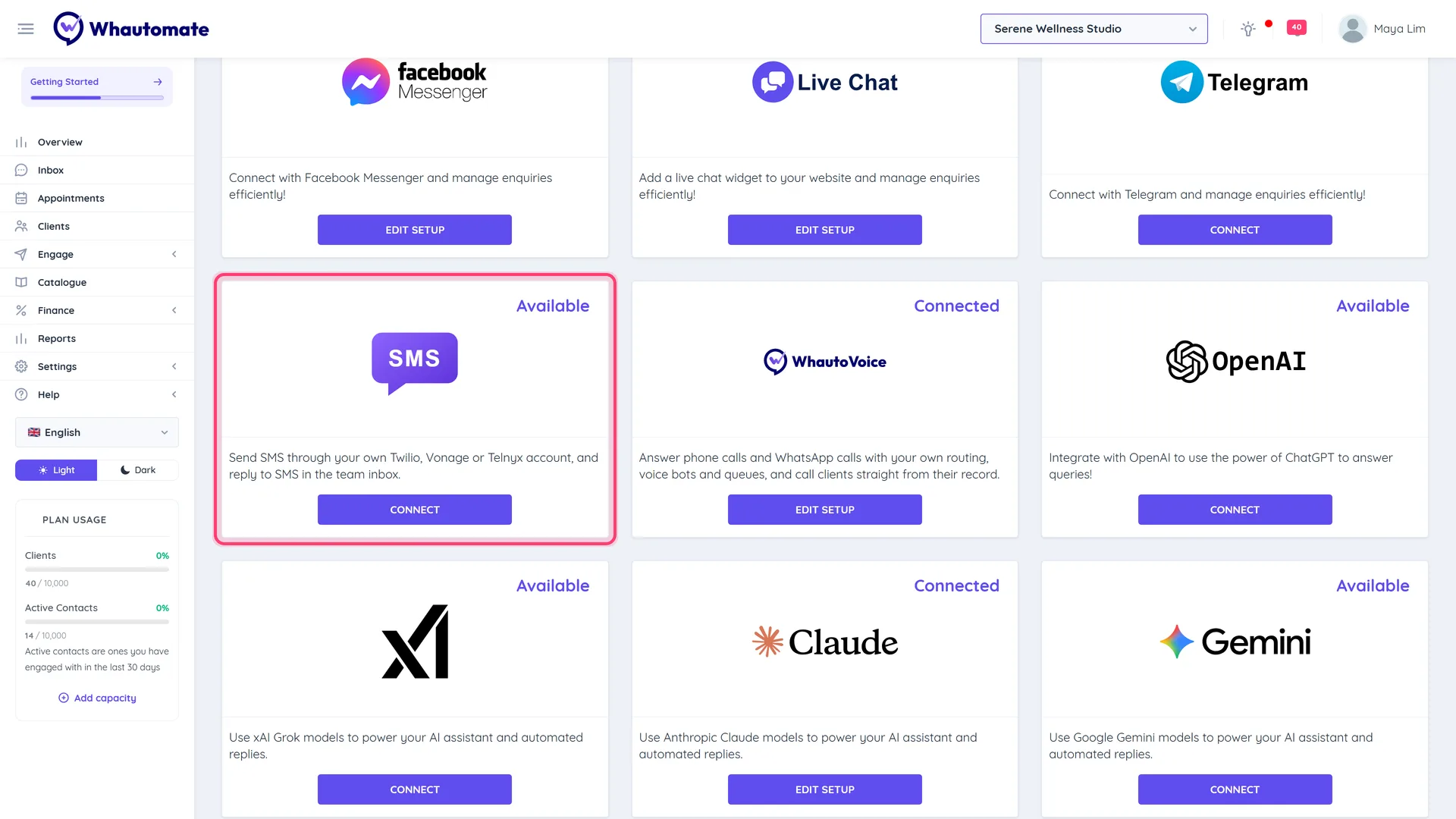 The Integrations page with the SMS card highlighted