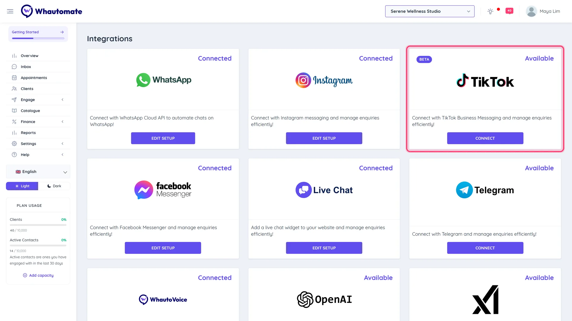 The Integrations page with the TikTok card highlighted