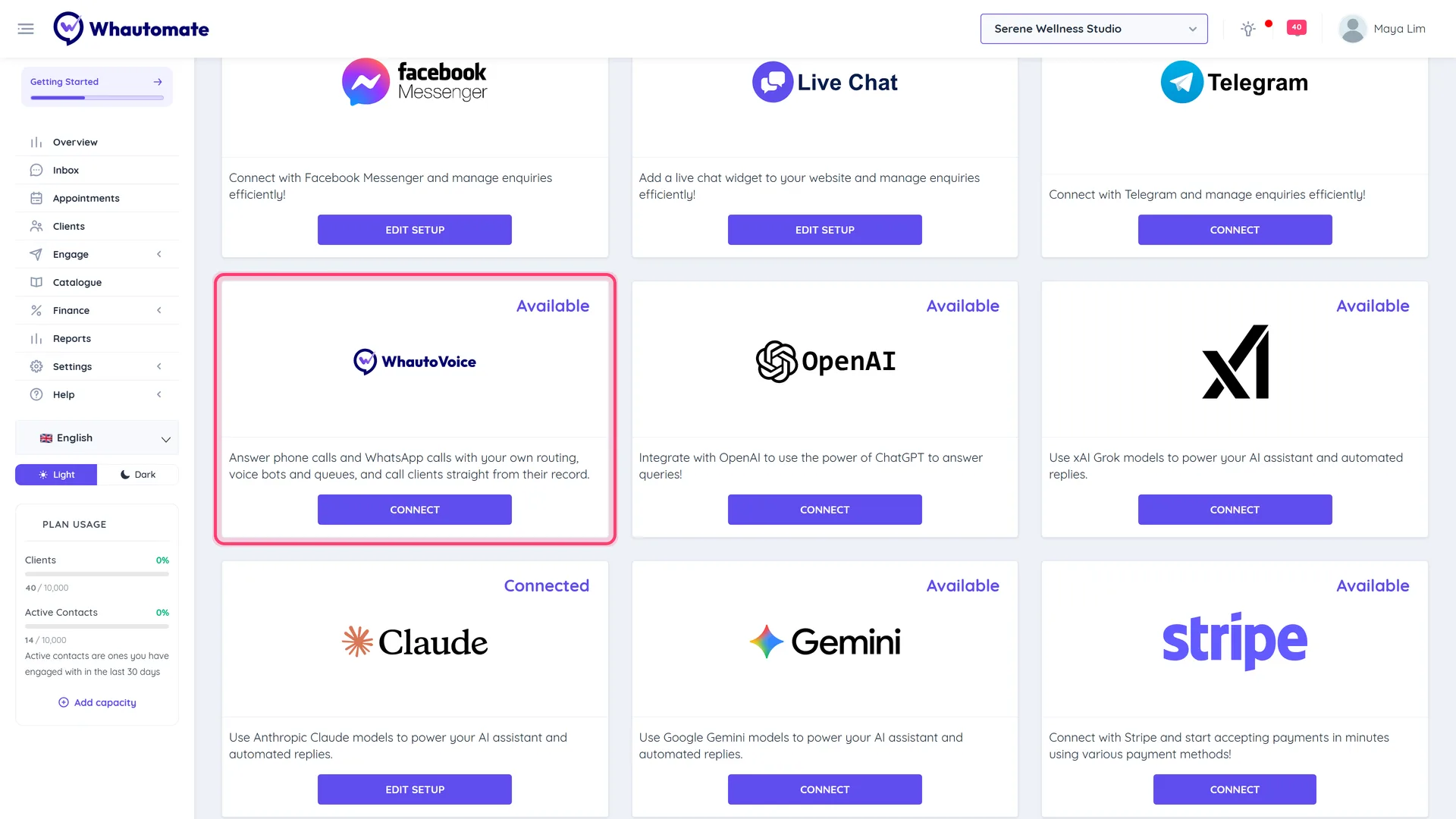 The Integrations page with the WhautoVoice card highlighted