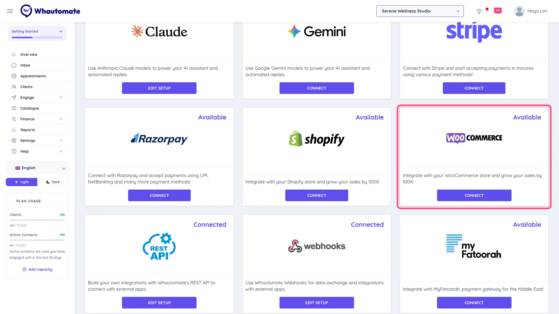 The Integrations page with the WooCommerce card highlighted
