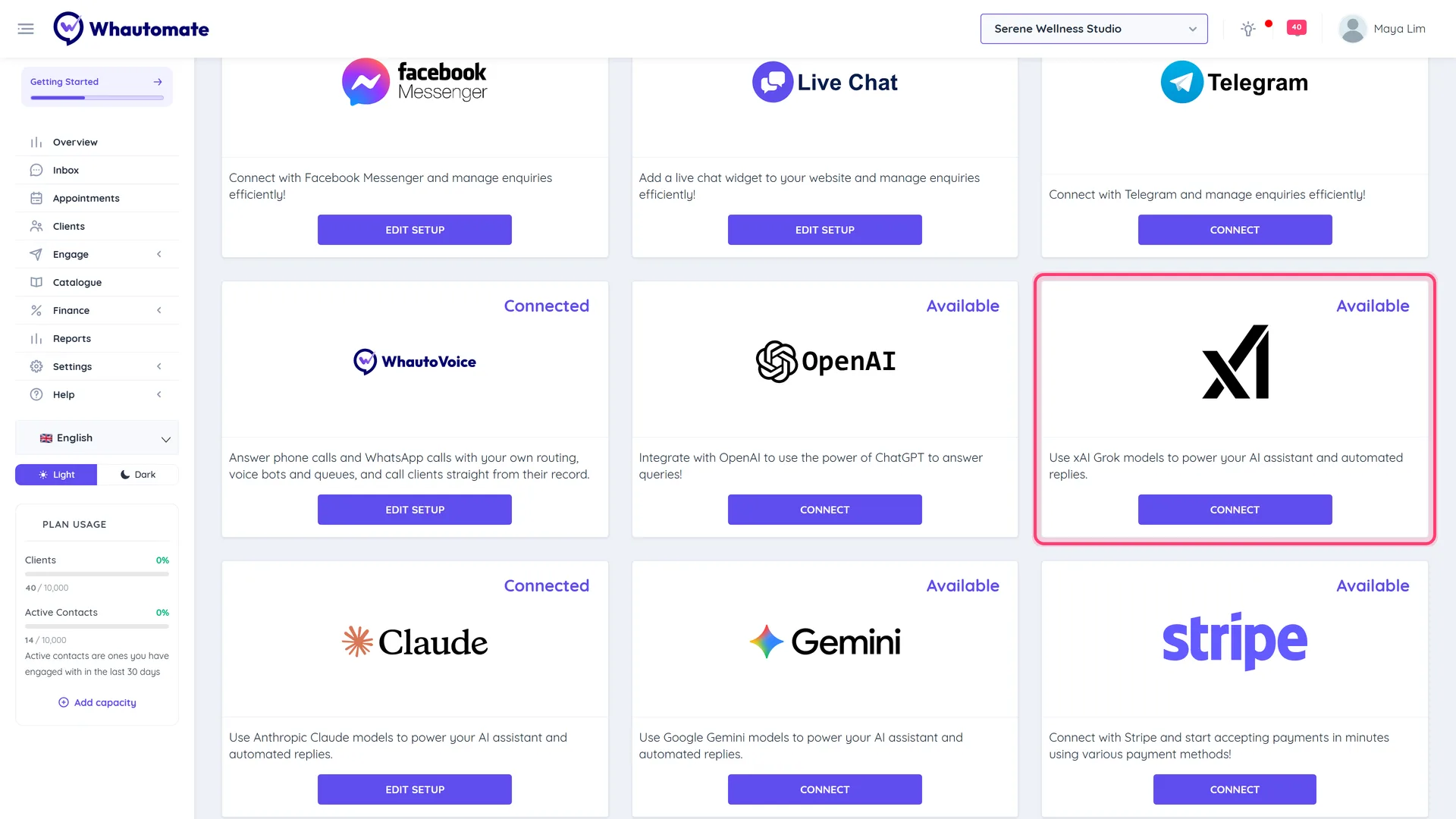 The Integrations page with the xAI (Grok) card highlighted