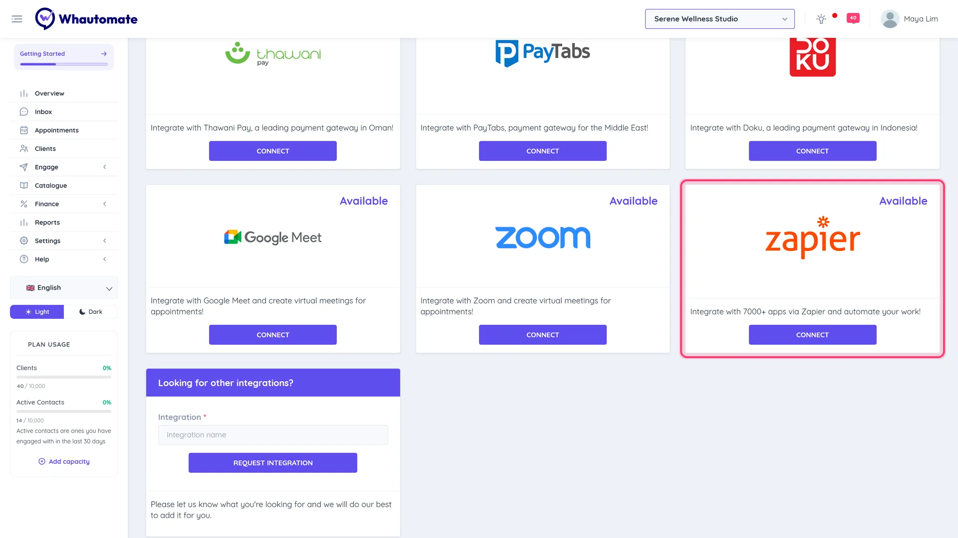 The Integrations page with the Zapier card highlighted