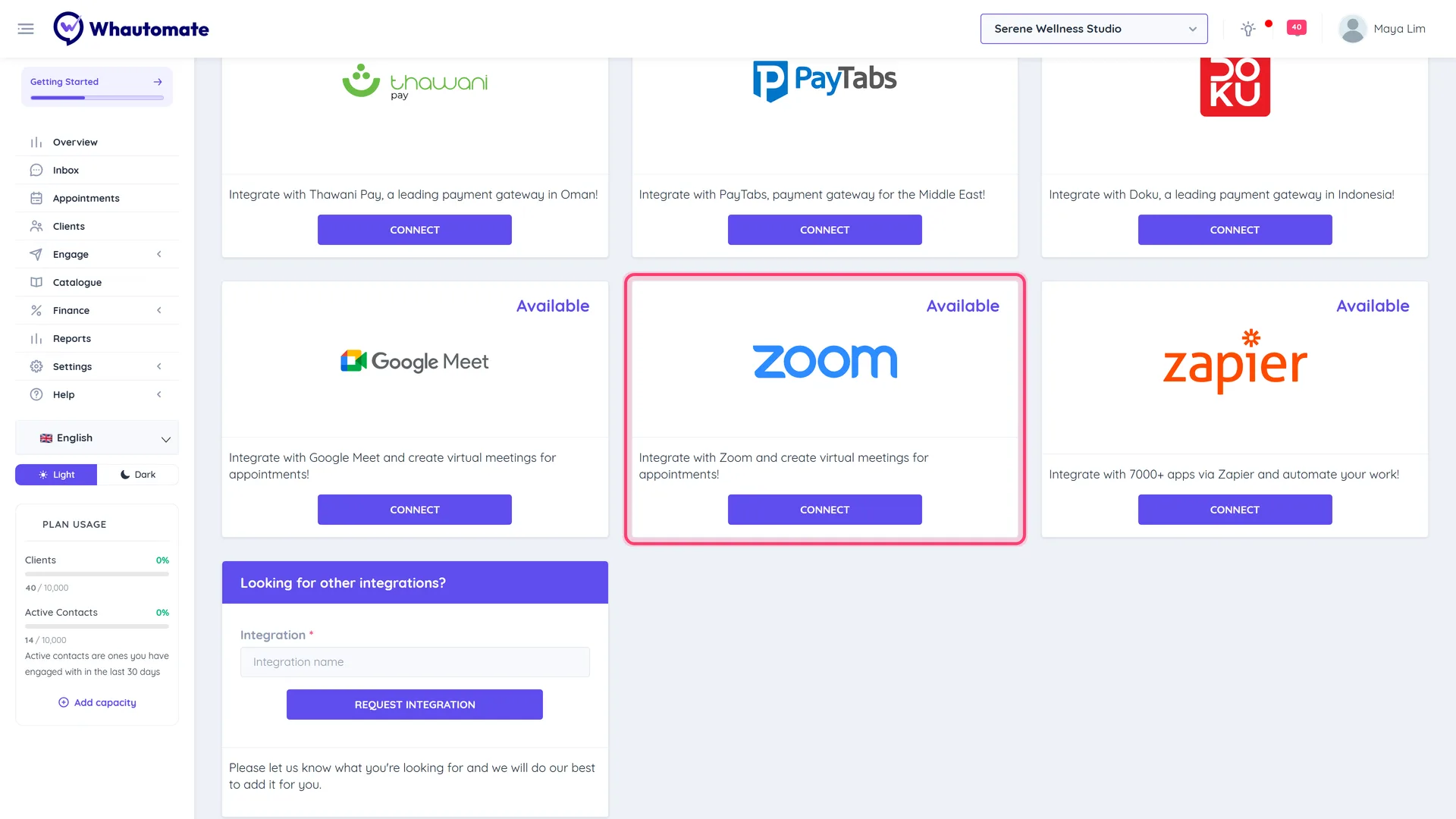 The Integrations page with the Zoom card highlighted