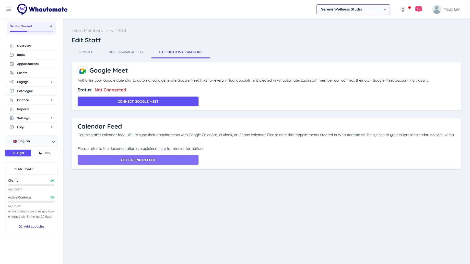 The Calendar Integrations tab of a team member profile with the Google Meet section, Status Not Connected and the Connect Google Meet button