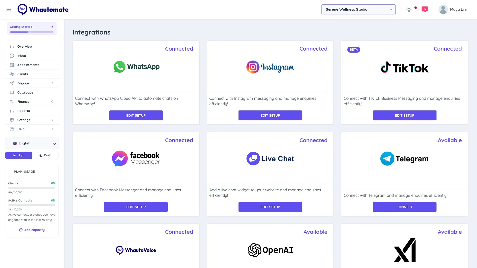 The Integrations page with cards for WhatsApp, Instagram, TikTok, Messenger, Live Chat, Telegram, WhautoVoice and the AI providers, each marked Available or Connected
