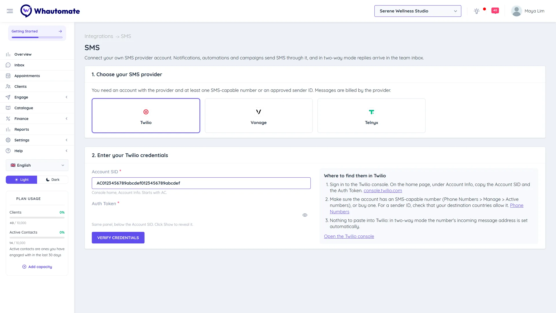 The SMS page with Twilio chosen, the Account SID and Auth Token fields and the Where to find them in Twilio steps