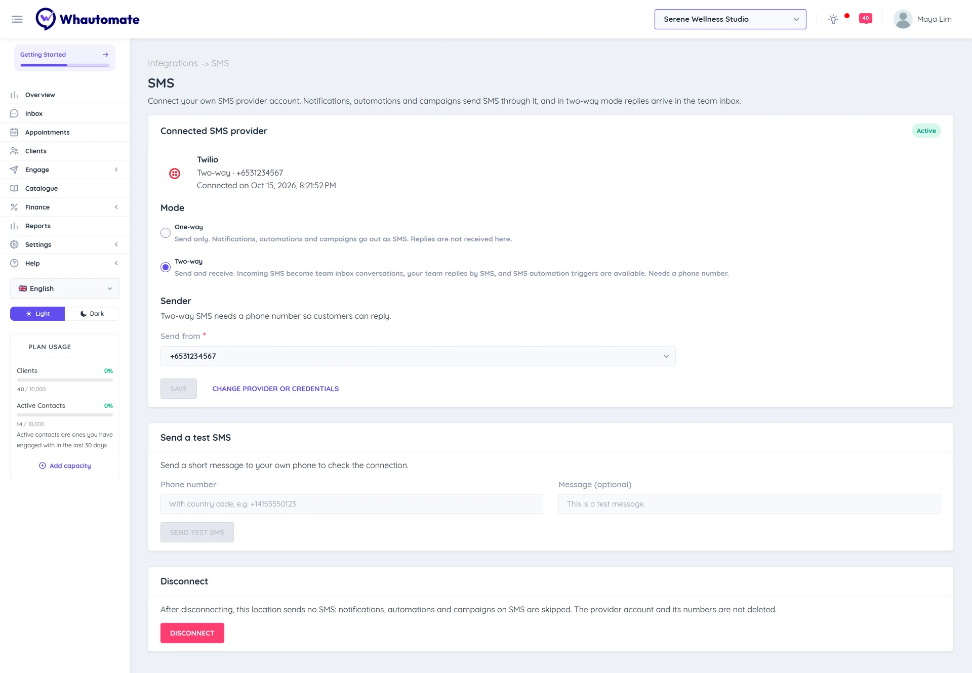 The SMS page for a connected Twilio account in Two-way mode with the Send from number, the Send a test SMS card and Disconnect