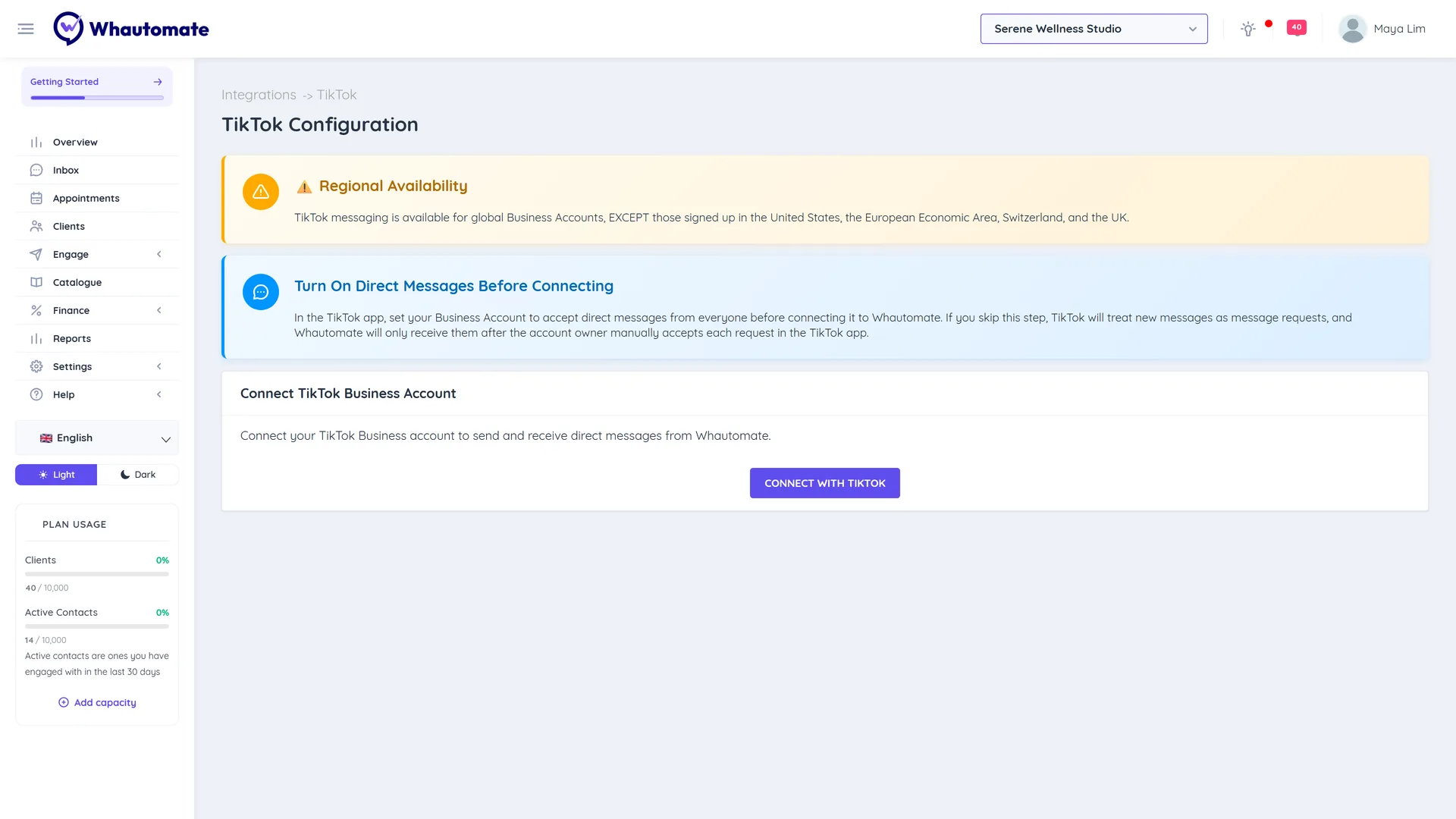 The TikTok Configuration page with the Connect with TikTok button under Connect TikTok Business Account