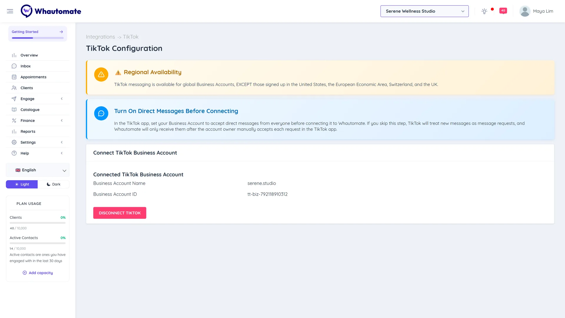 The TikTok Configuration page with the regional availability note and a connected TikTok Business account showing its Business Account Name and ID