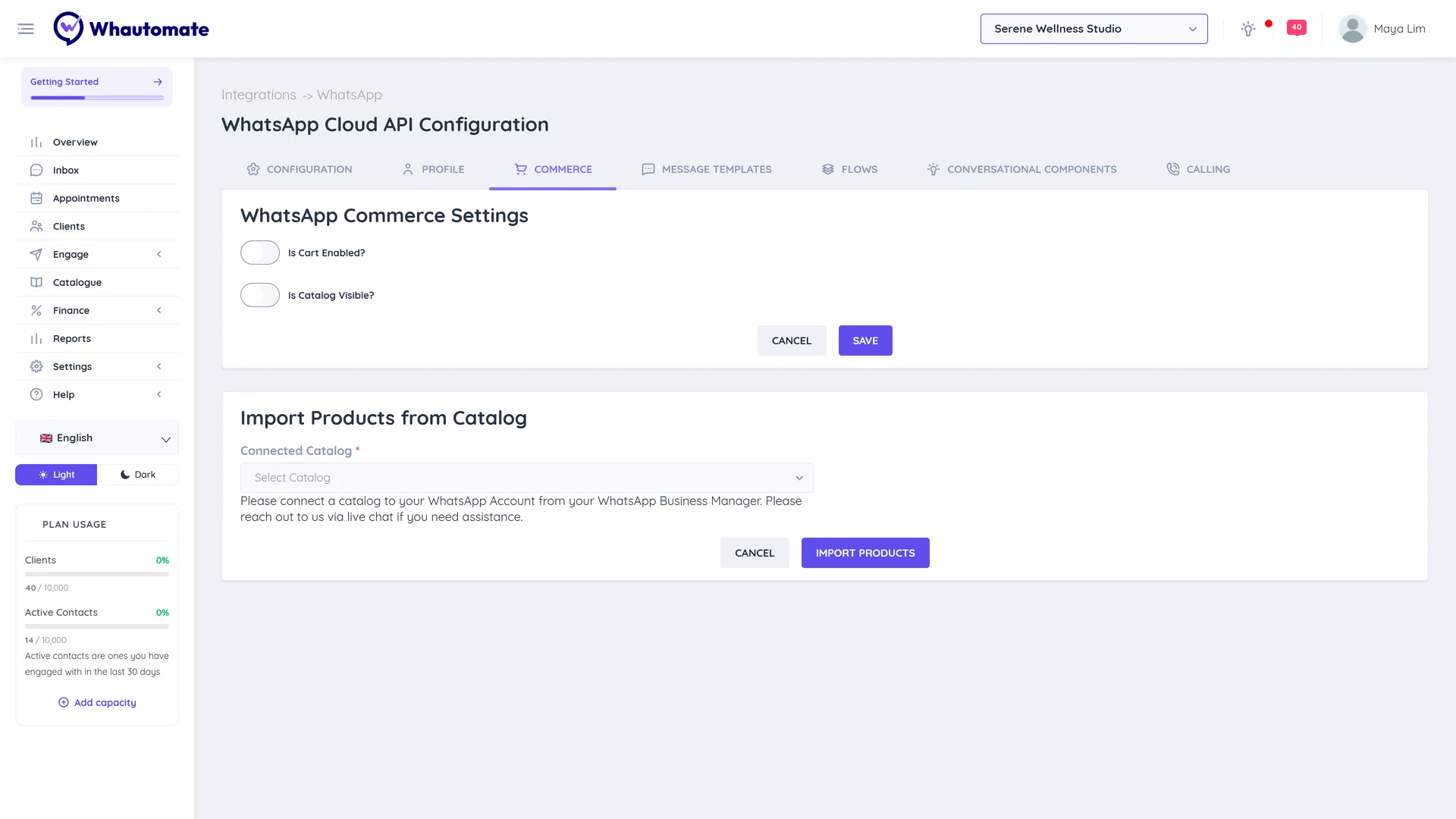 The Commerce tab of the WhatsApp integration with the cart and catalog switches and the Import Products from Catalog section