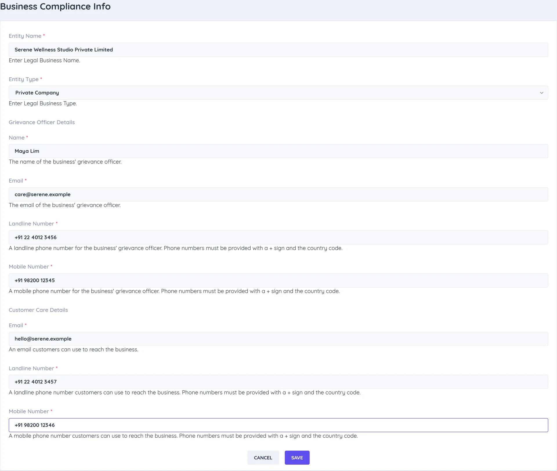 The Business Compliance Info form with the entity name, the entity type Private Company, the grievance officer details, the customer care details and the Save button