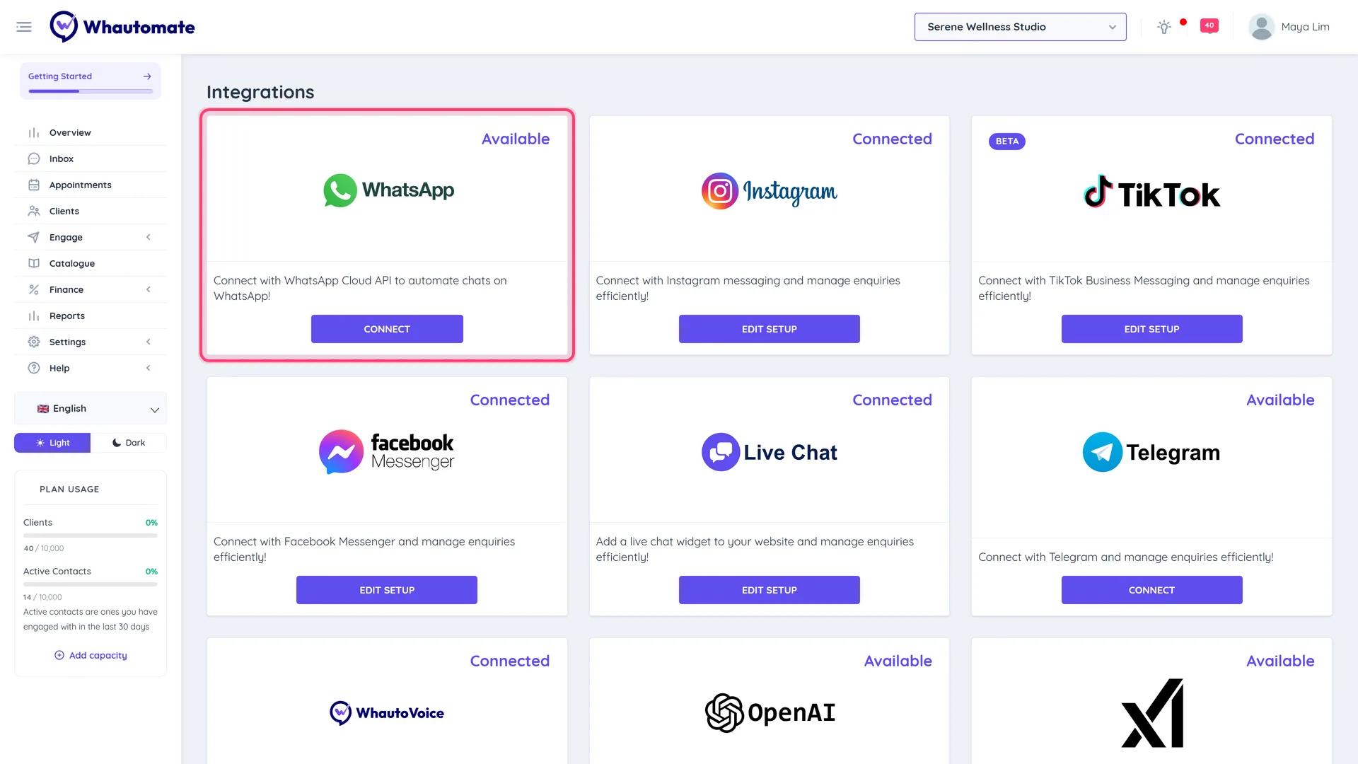 The WhatsApp card on the Integrations page with the Connect button