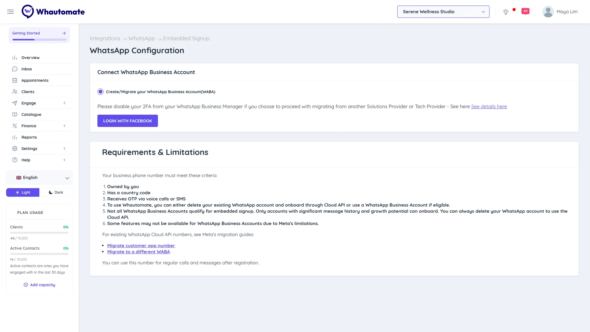The WhatsApp Configuration page with Create/Migrate your WhatsApp Business Account selected, the Login with Facebook button and the Requirements and Limitations list