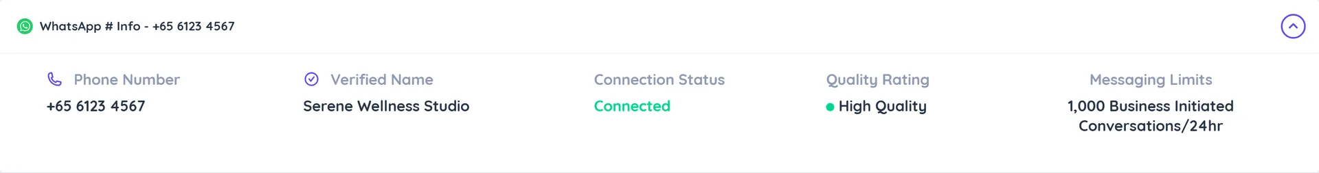 The WhatsApp number info panel with phone number, verified name, Connected status, High Quality rating and a messaging limit of 1,000 business initiated conversations per 24 hours