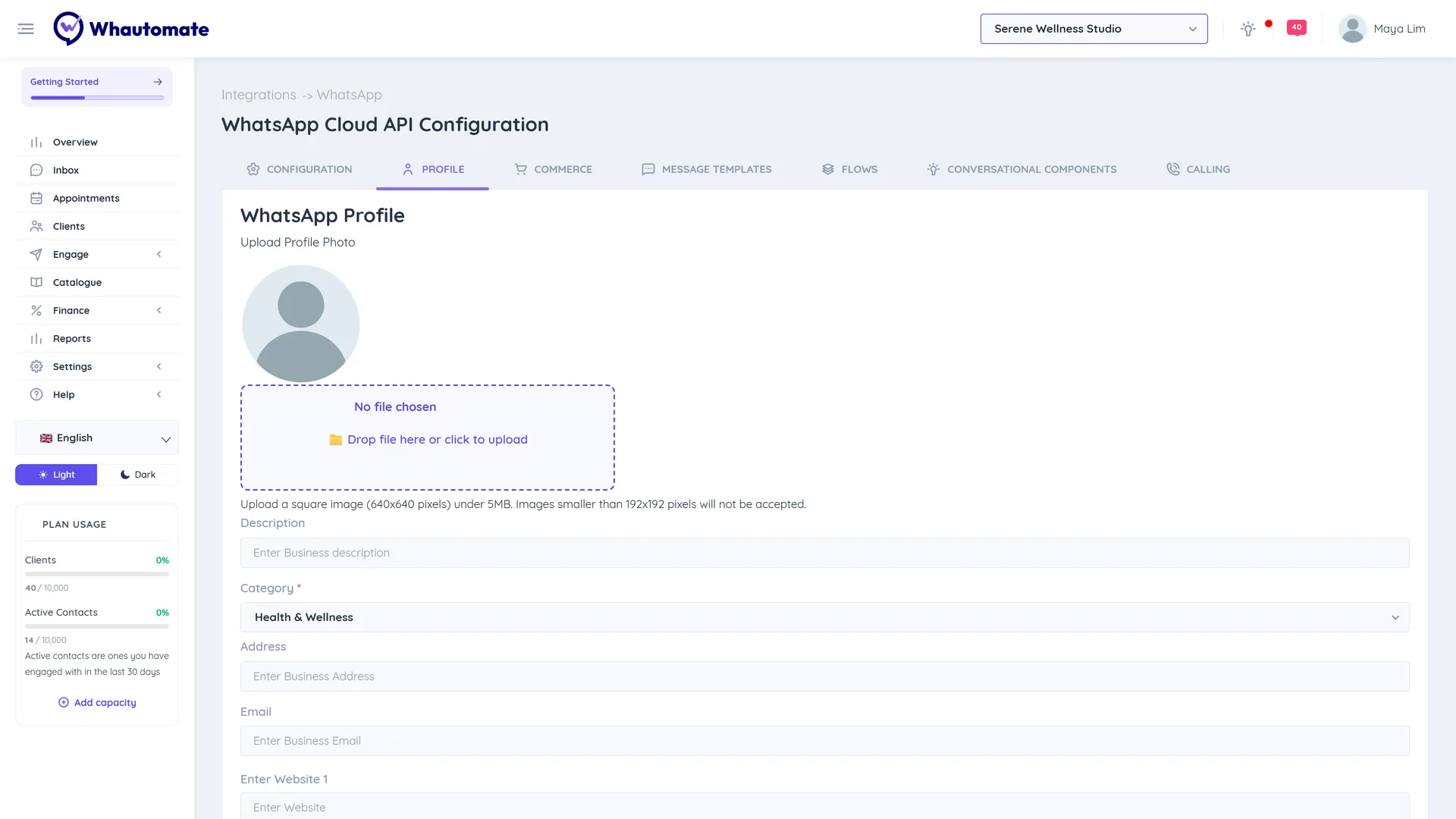 The Profile tab of the WhatsApp integration with the profile photo upload, description, category and address fields