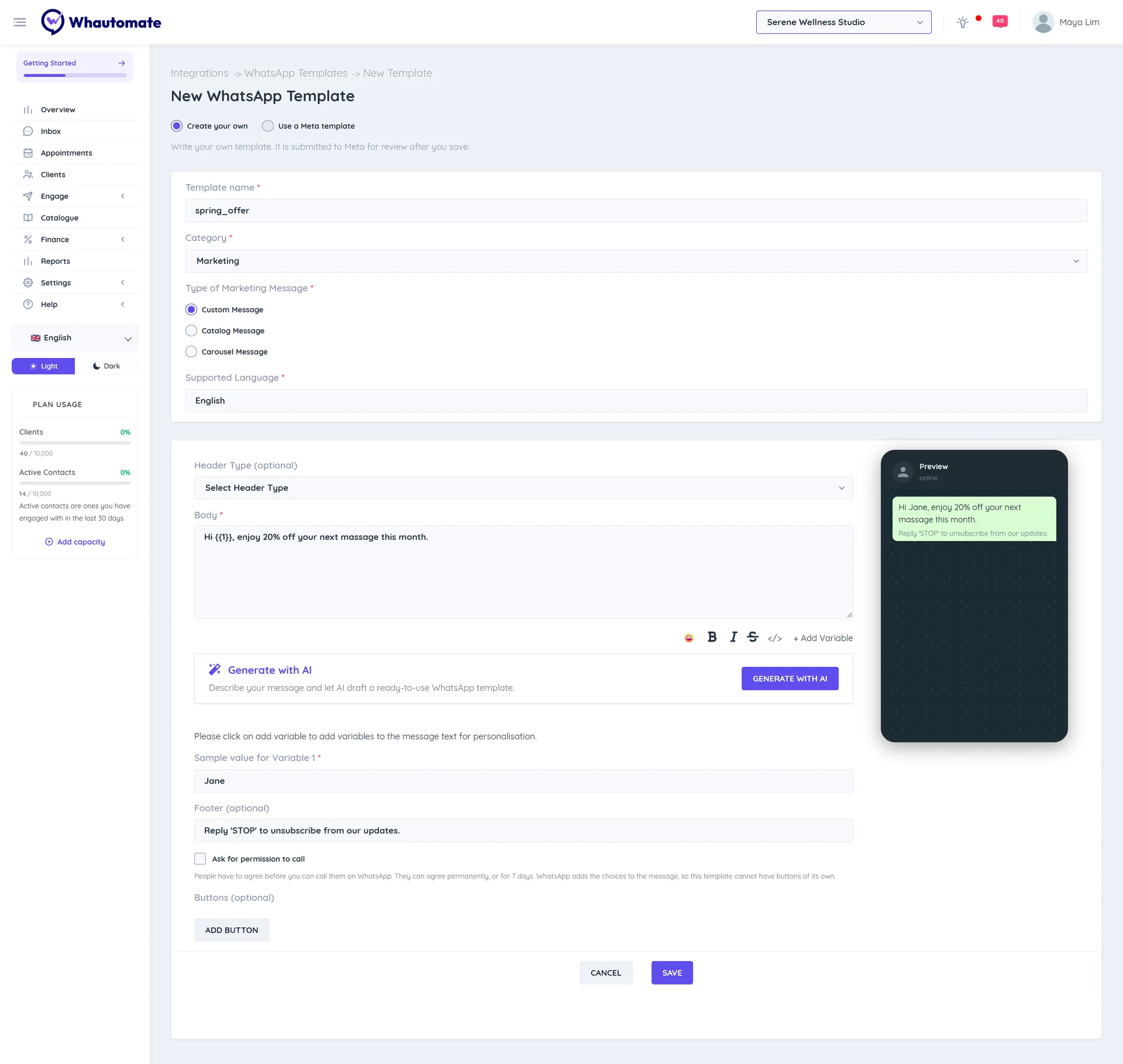 The New WhatsApp Template form with Create your own selected, a Marketing custom message, a body with the variable {{1}}, its sample value Jane and the phone preview